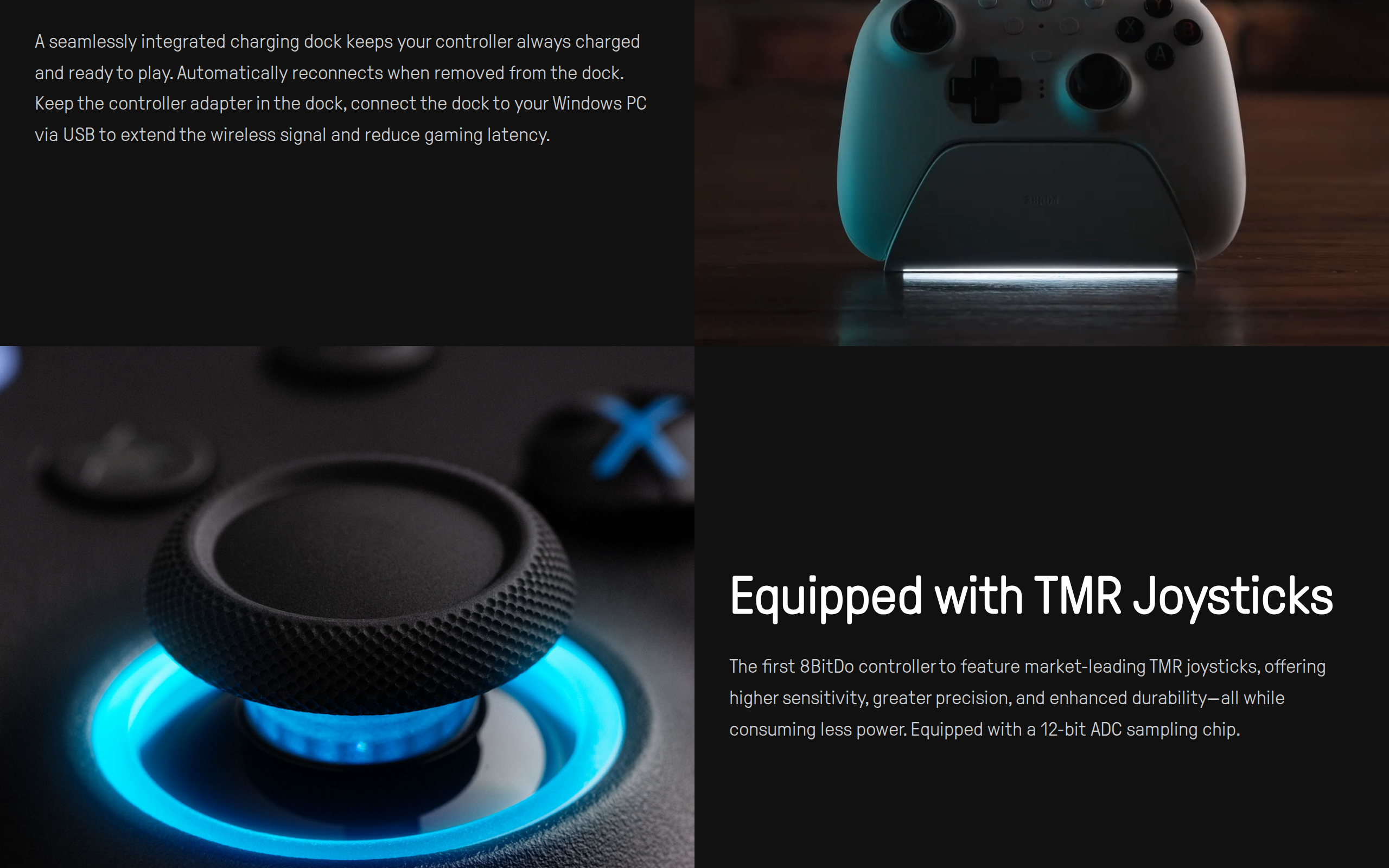 8BitDo page section on the integrated charging dock and TMR joysticks, with a teal controller on a lit stand