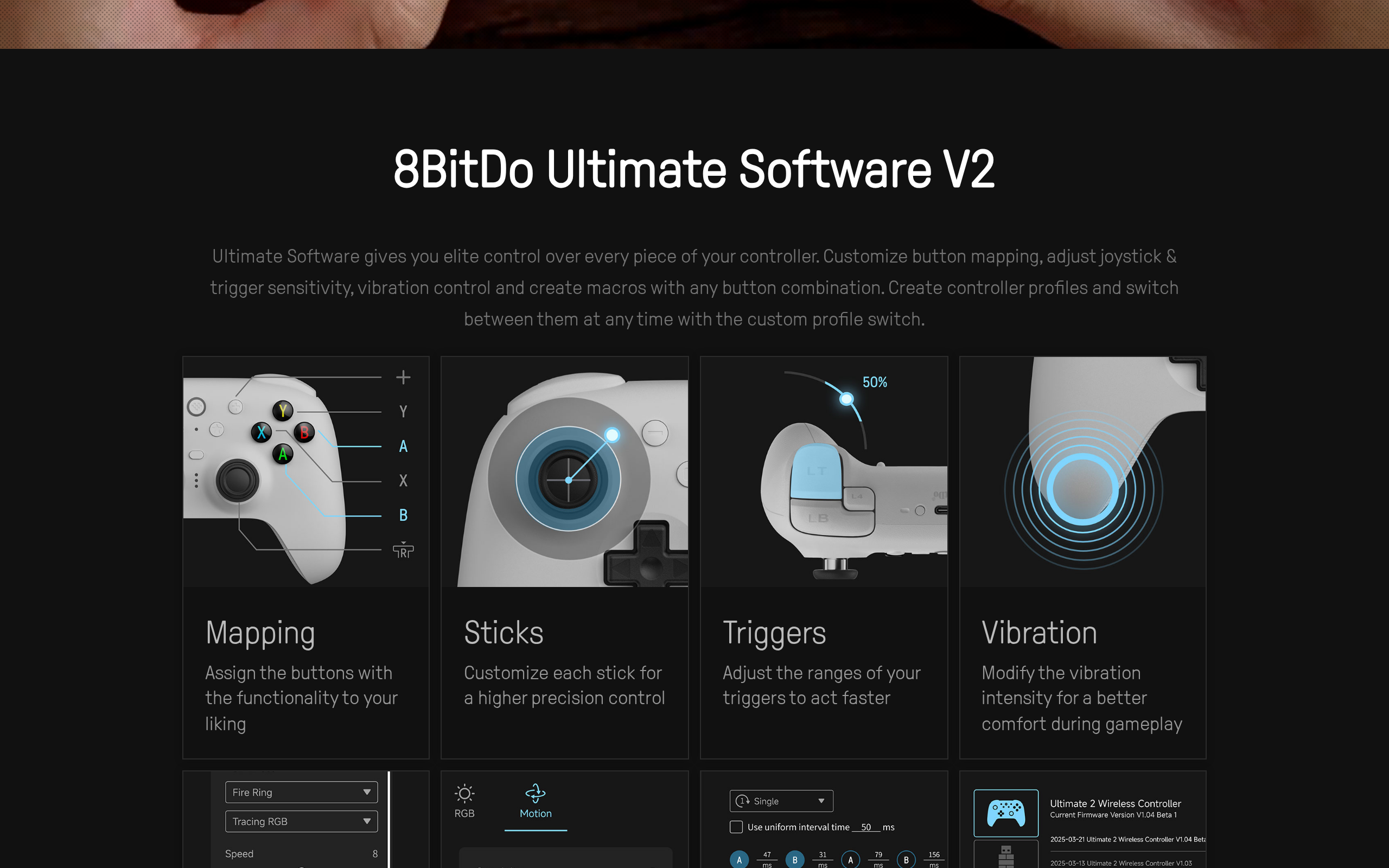 8BitDo Ultimate Software V2 page showing categories for mapping, sticks, triggers and vibration