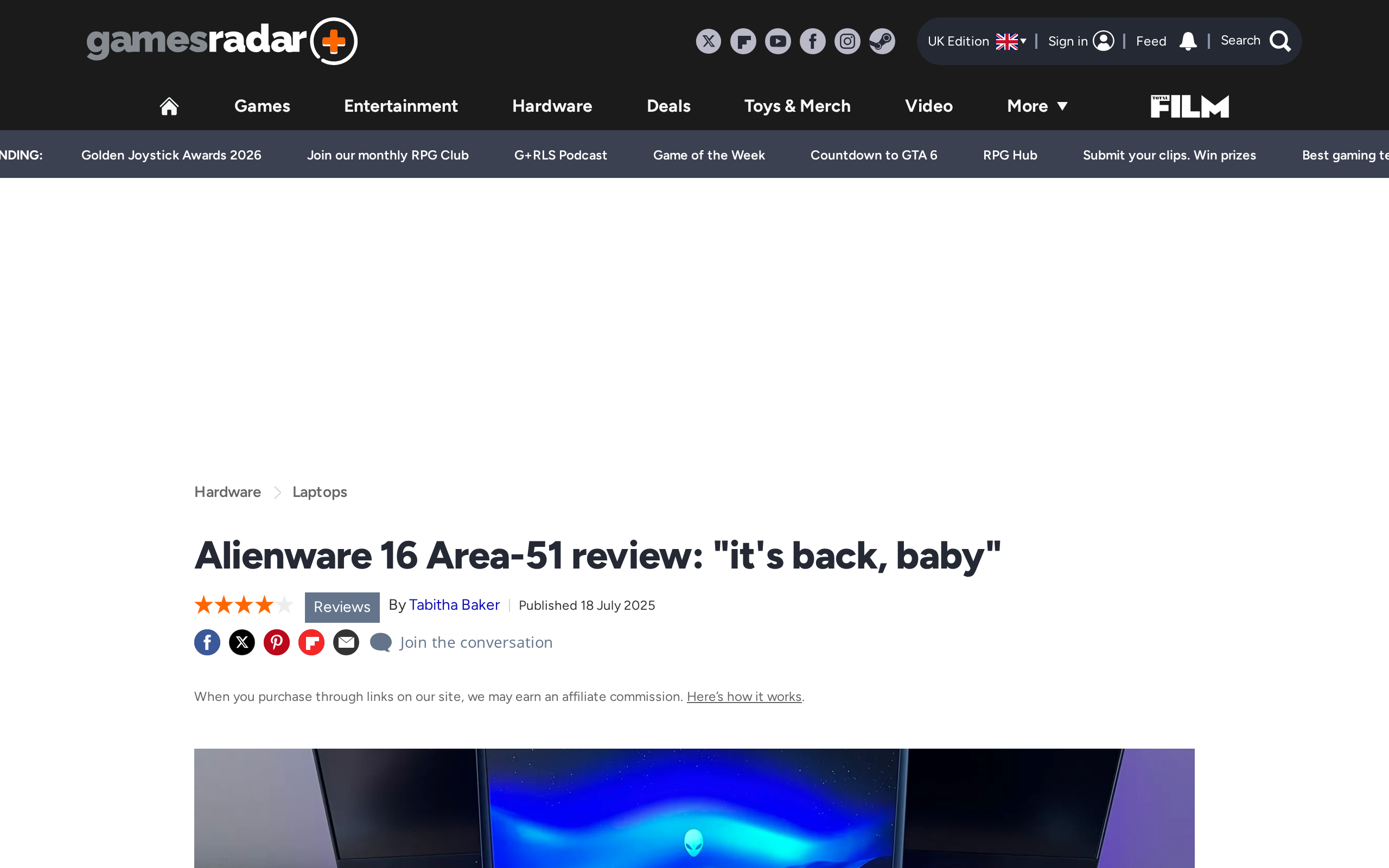 GamesRadar's review of the Alienware 16 Area-51 with a photo of the laptop on a wooden desk with purple backlighting
