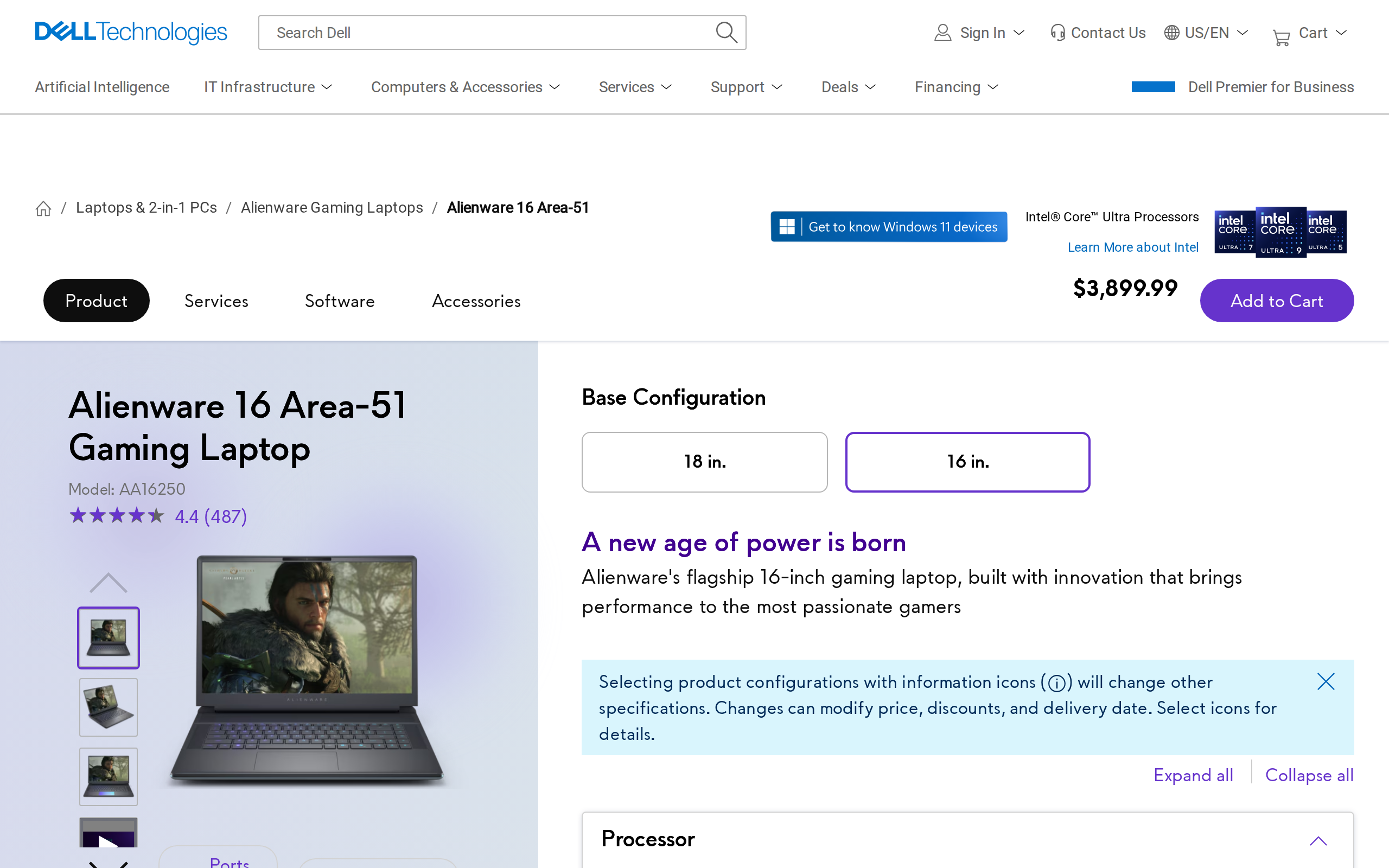 Dell's product page for the Alienware 16 Area-51 gaming laptop showing a configuration price