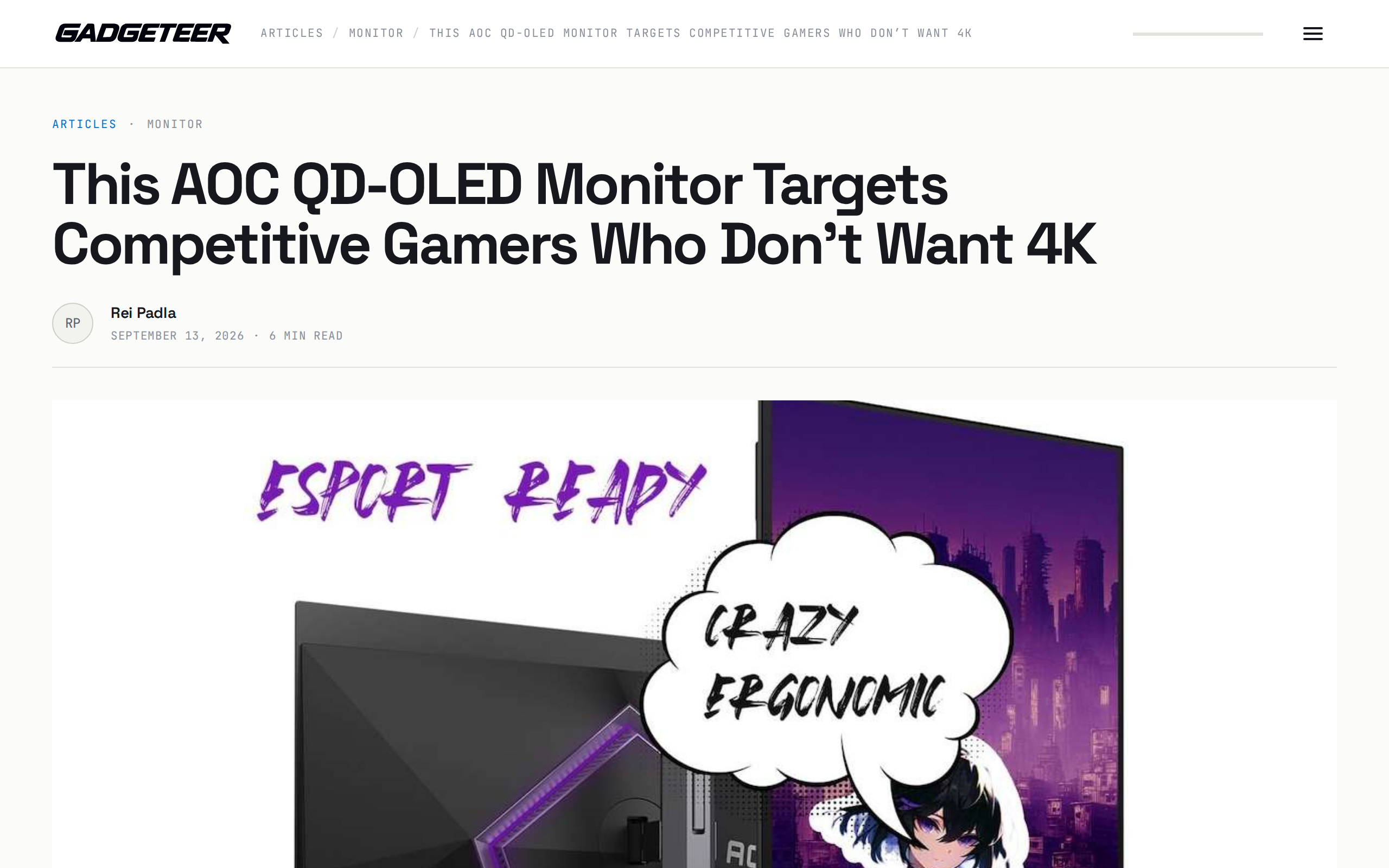 The Gadgeteer's article about the AOC QD-OLED monitor, showing a product photo of the AGON PRO 27 inch gaming monitor