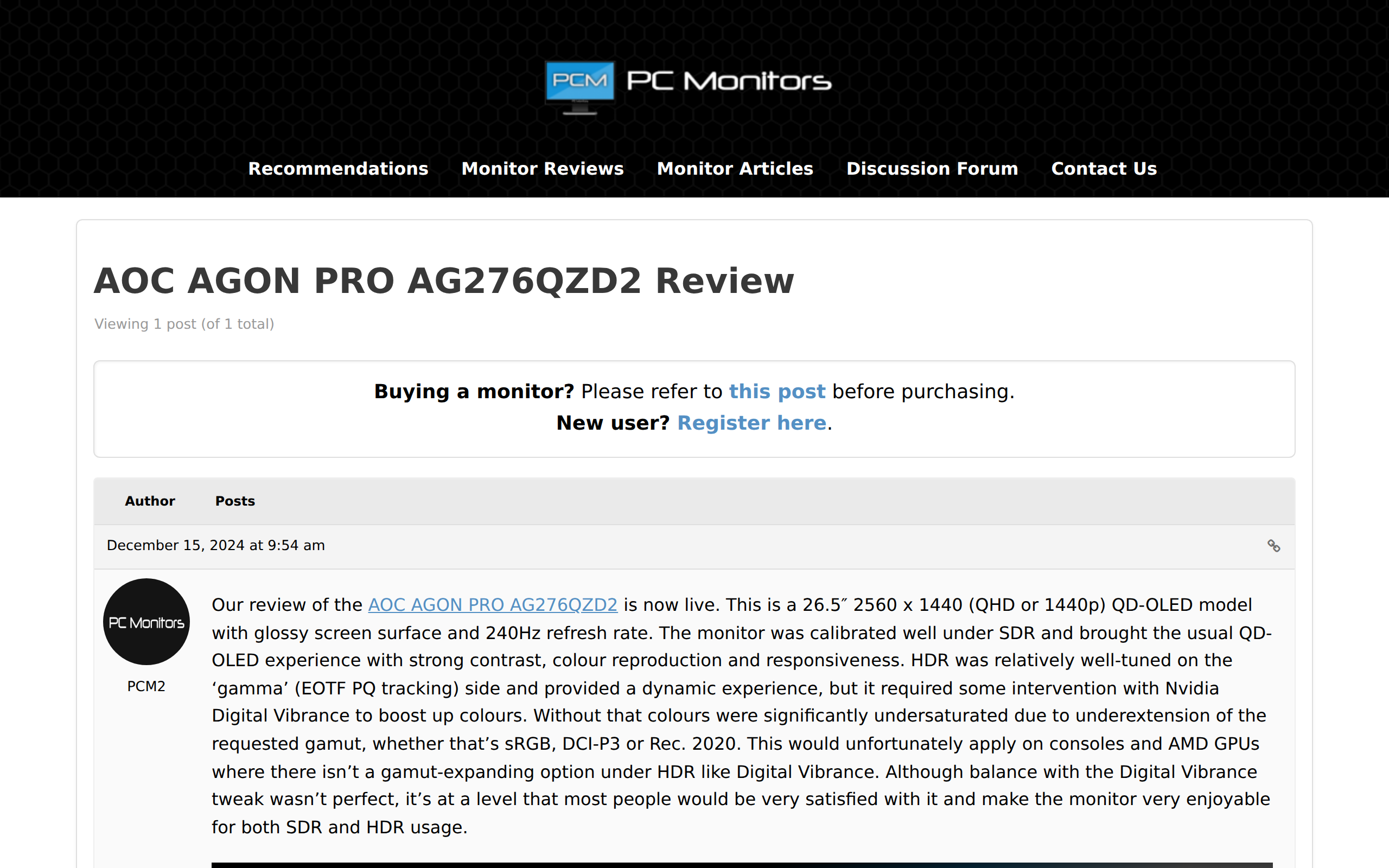 PC Monitors forum thread announcing its review of the AOC AGON PRO AG276QZD2, a 26.5 inch 2560 by 1440 QD-OLED with glossy surface