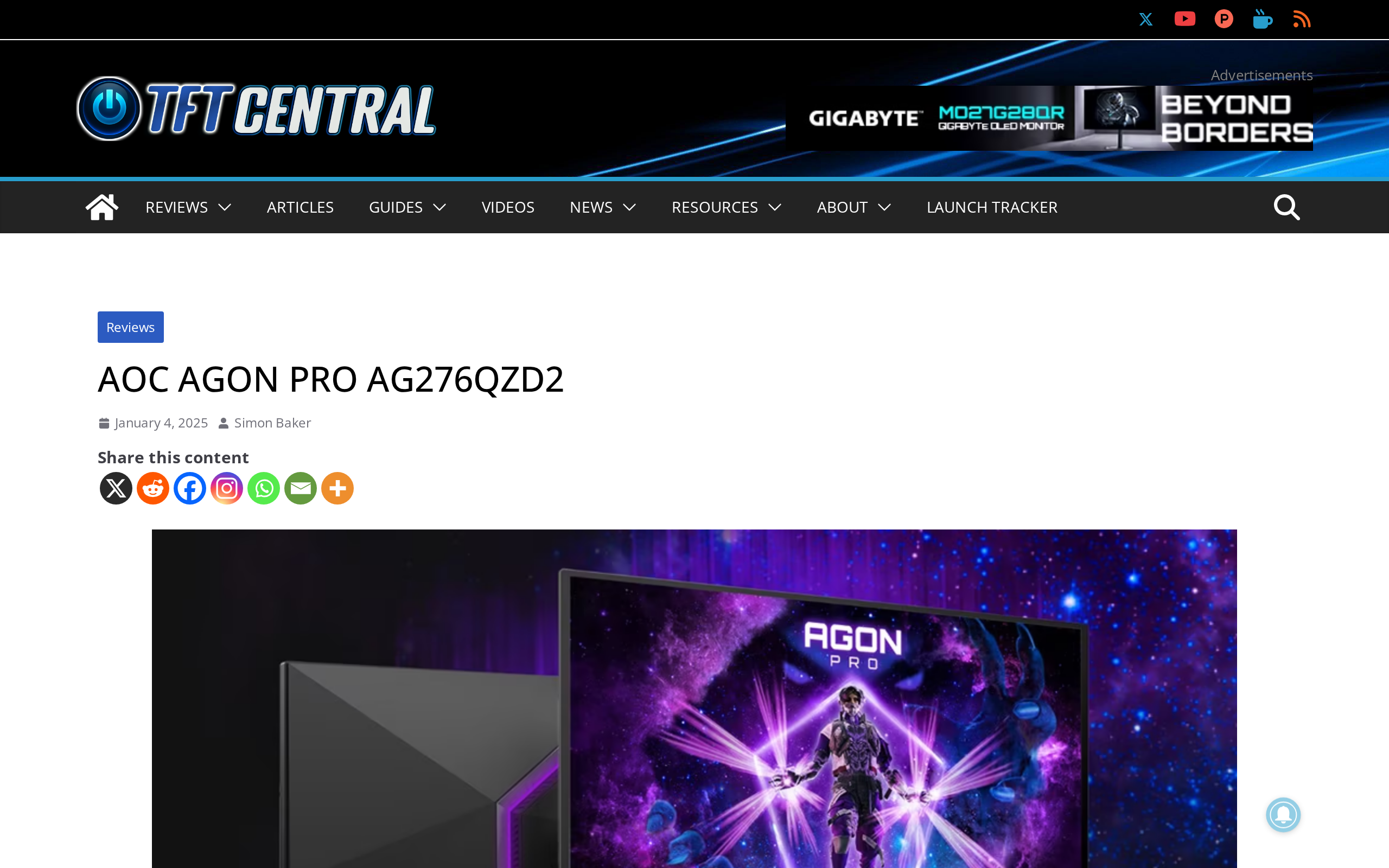 TFTCentral's review page for the AOC AGON PRO AG276QZD2, with the review headline and a monitor photo