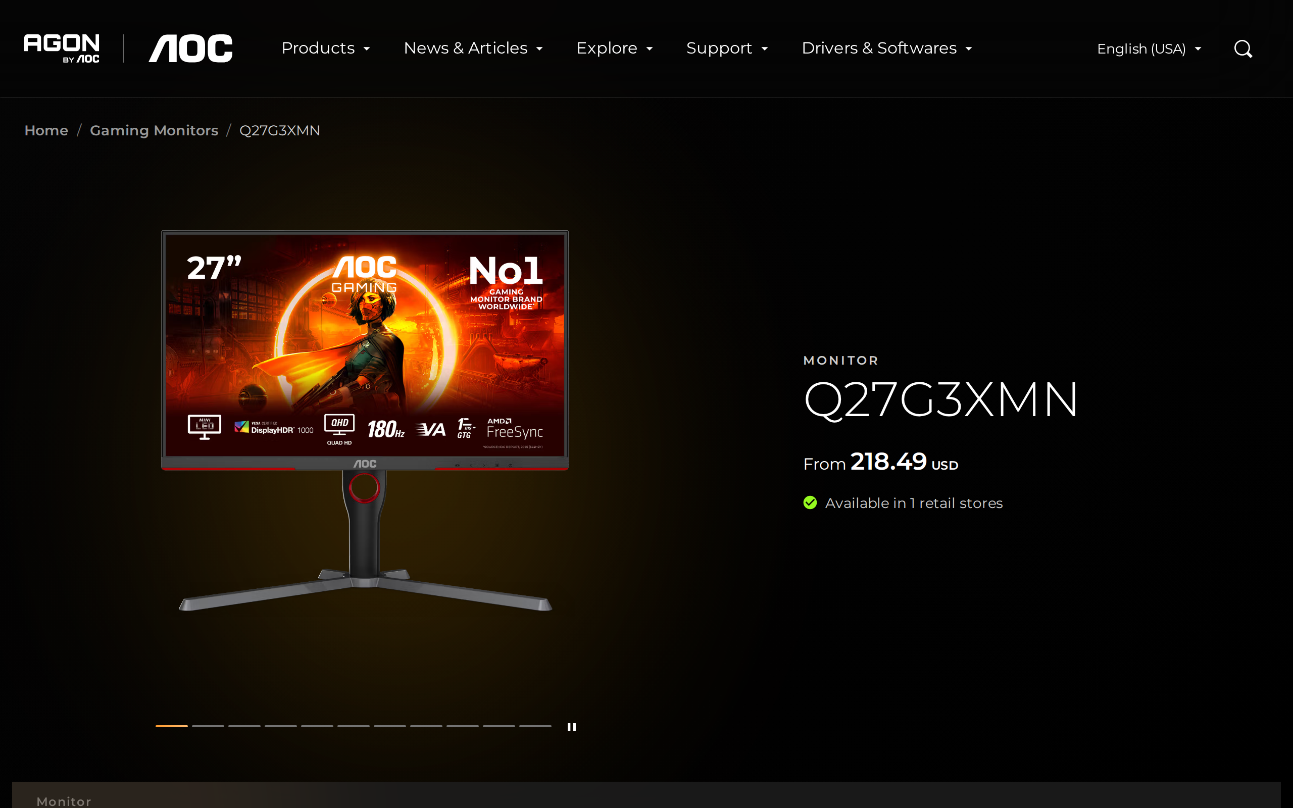 AOC product page for the Q27G3XMN showing the 27 inch monitor and a price from 218.49 USD