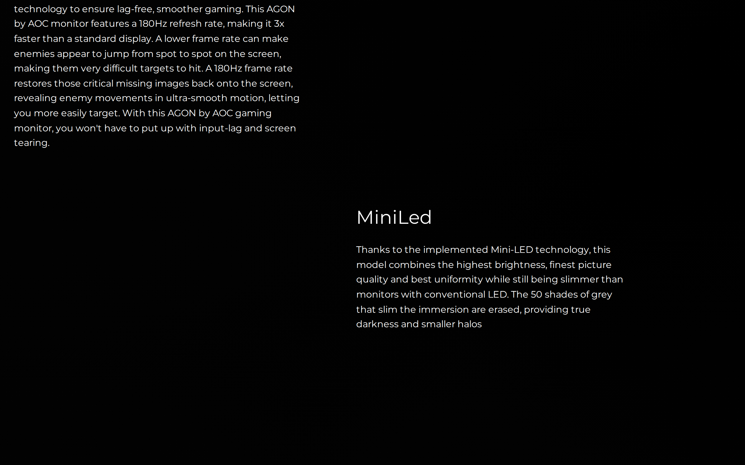 AOC page section about MiniLed technology, describing the highest brightness and finest uniformity