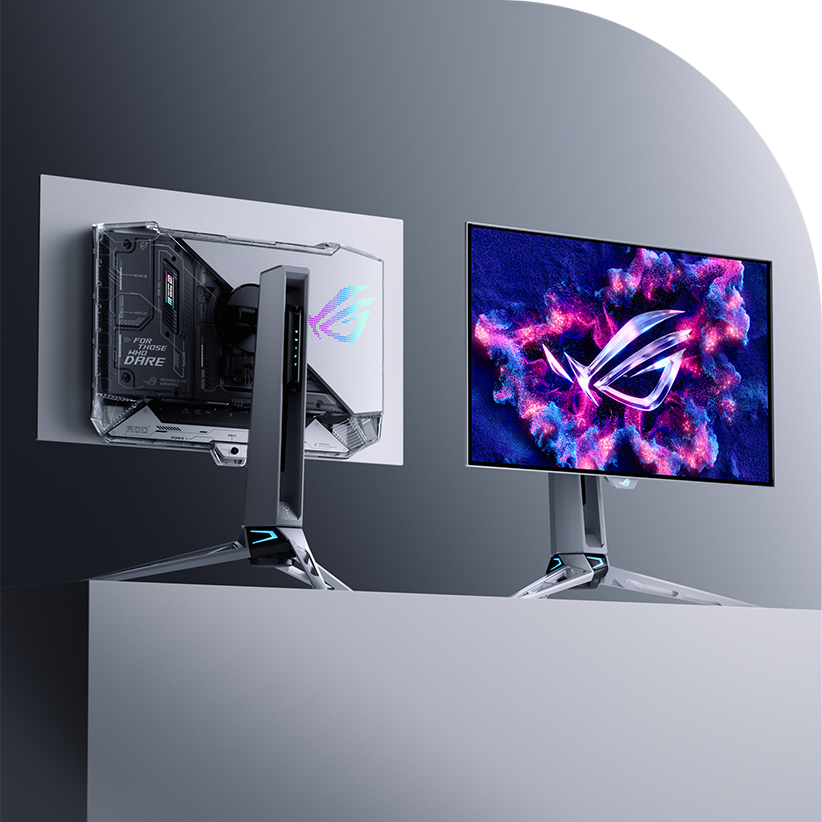 Two PG27AQWP-W monitors on a pedestal, one facing forward with the ROG logo on screen and one turned to show its see-through back
