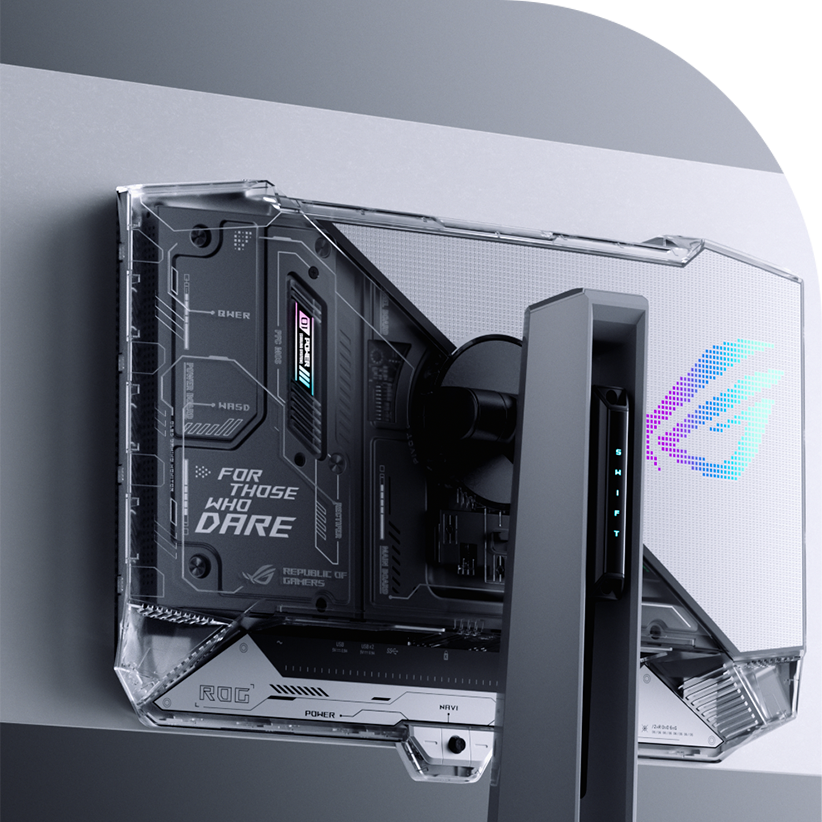Close-up of the PG27AQWP-W's see-through rear panel with the FOR THOSE WHO DARE slogan, the stand column and an illuminated ROG logo