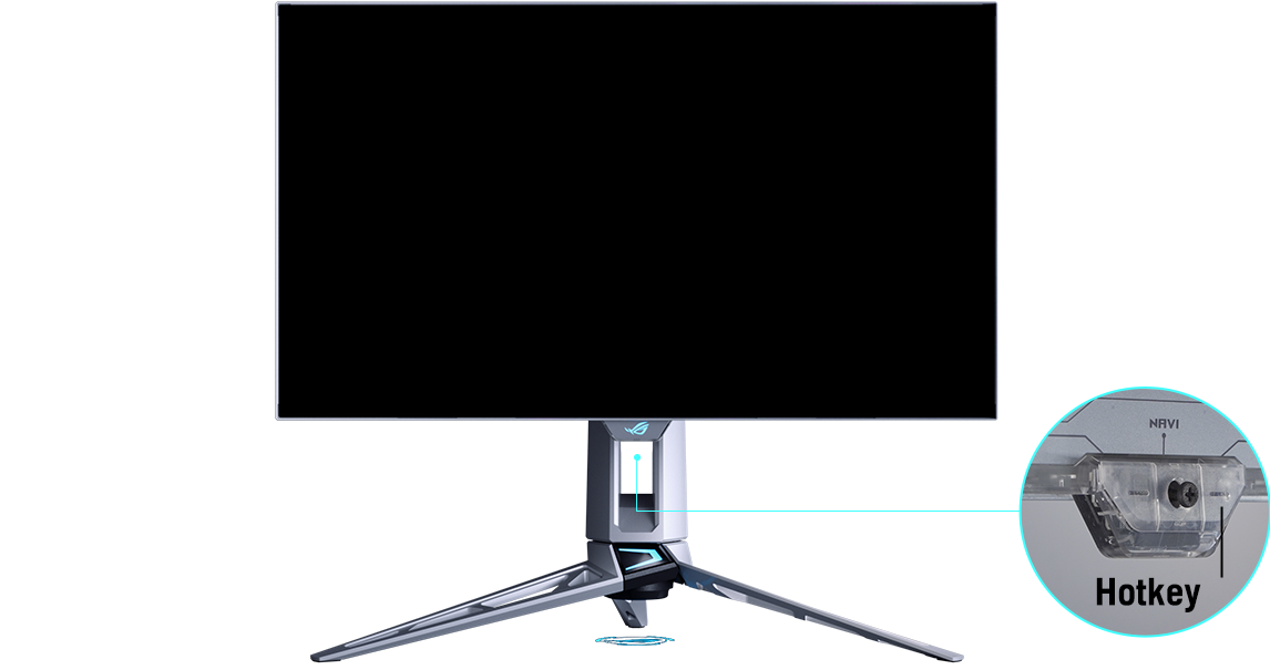 Front view of the monitor with a black screen on its tripod stand, with a callout circle labelled Hotkey at the stand base