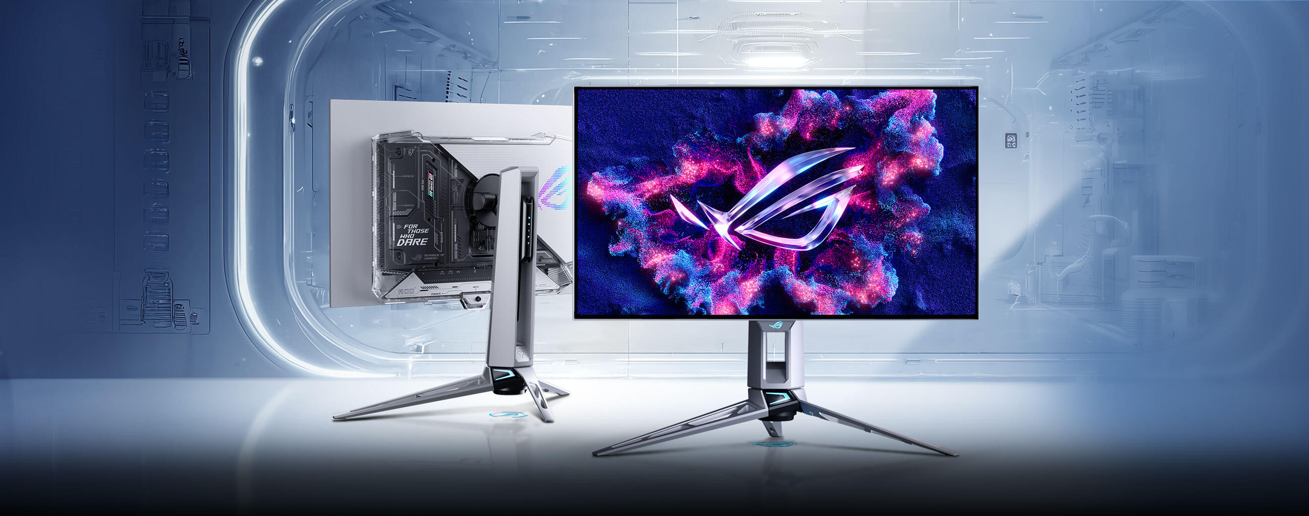 ASUS ROG Swift OLED PG27AQWP-W monitors standing on a pale blue lit pedestal, one facing forward and one turned to show its back