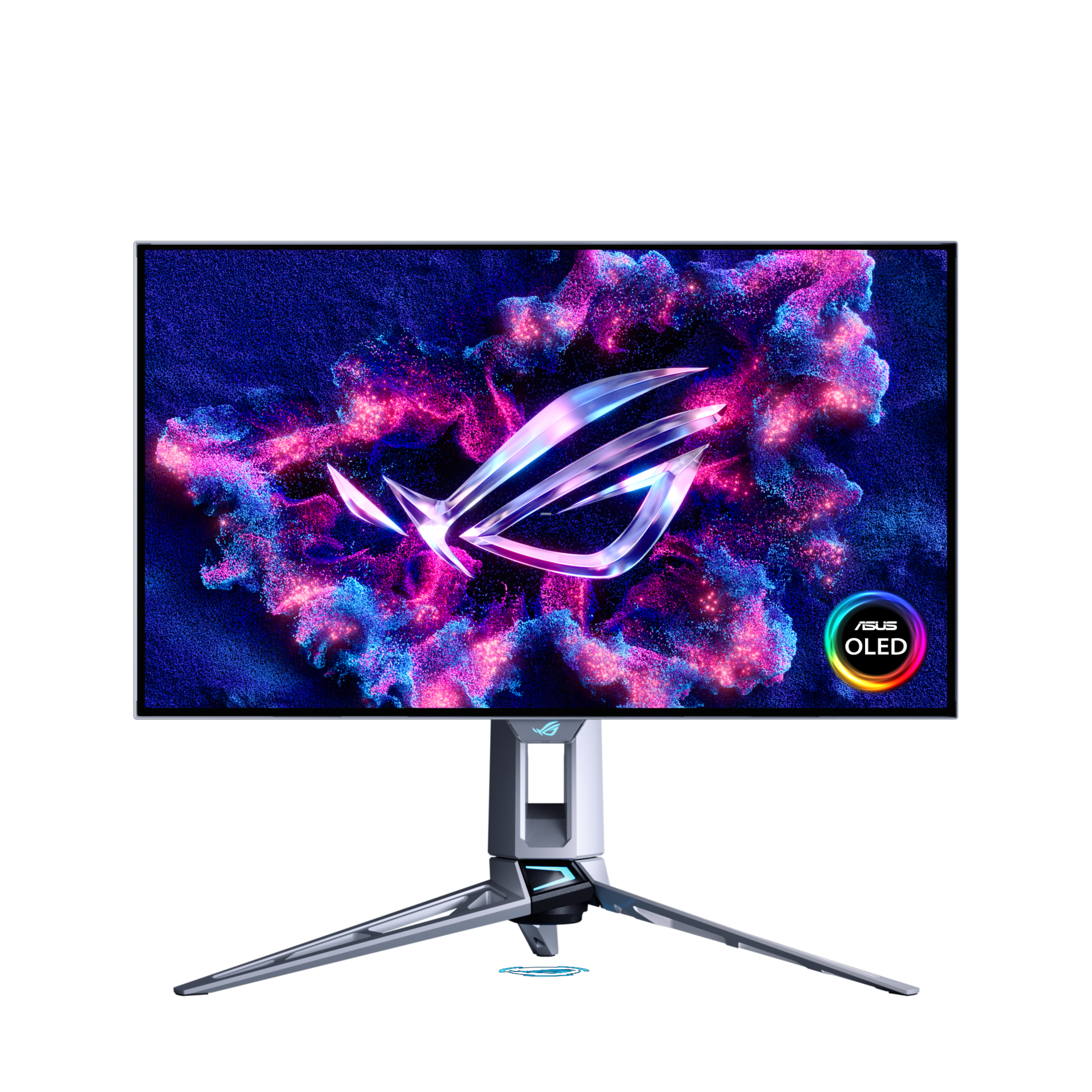 The ASUS ROG Swift OLED PG27AQWP-W from the front, with the ROG logo on screen and its silver tripod stand