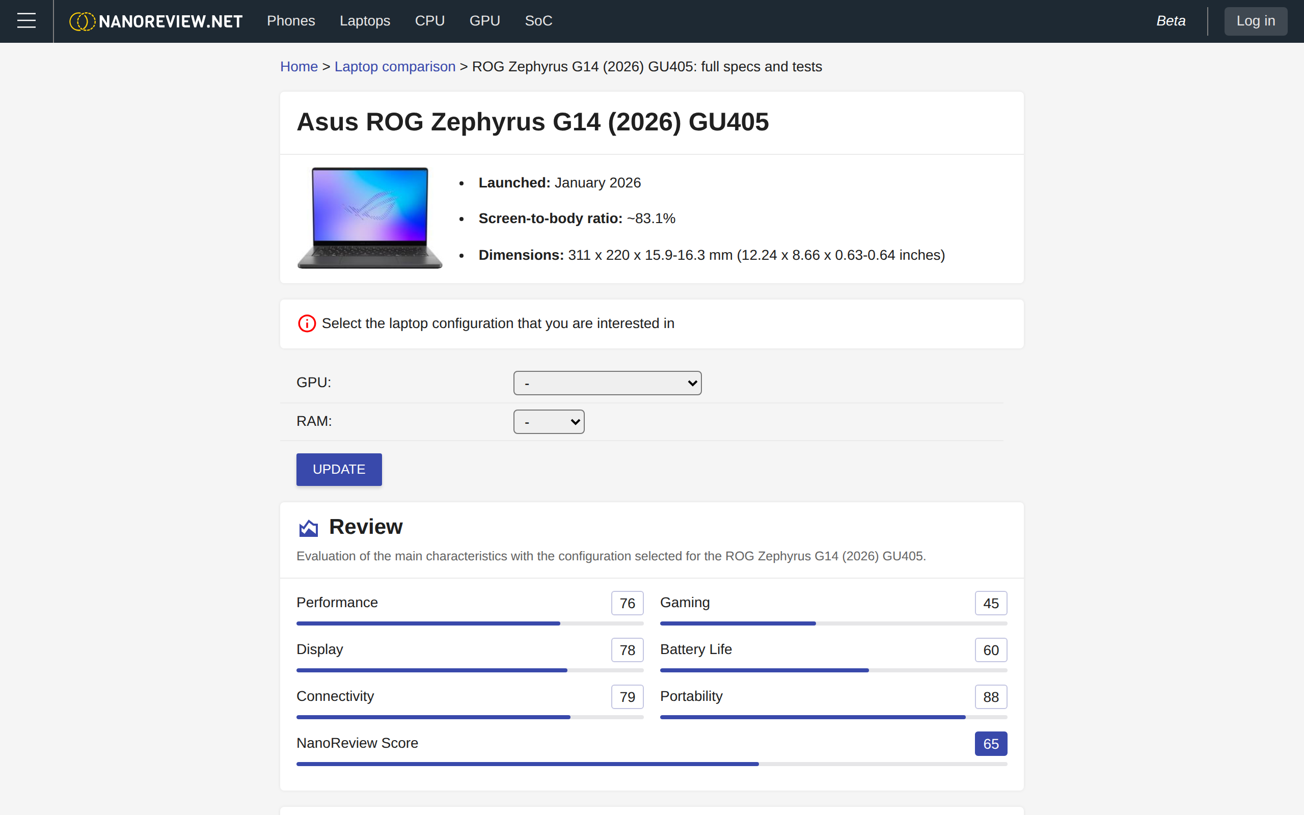 Nanoreview's specs page for the G14 (2026) GU405 listing screen-to-body ratio and dimensions