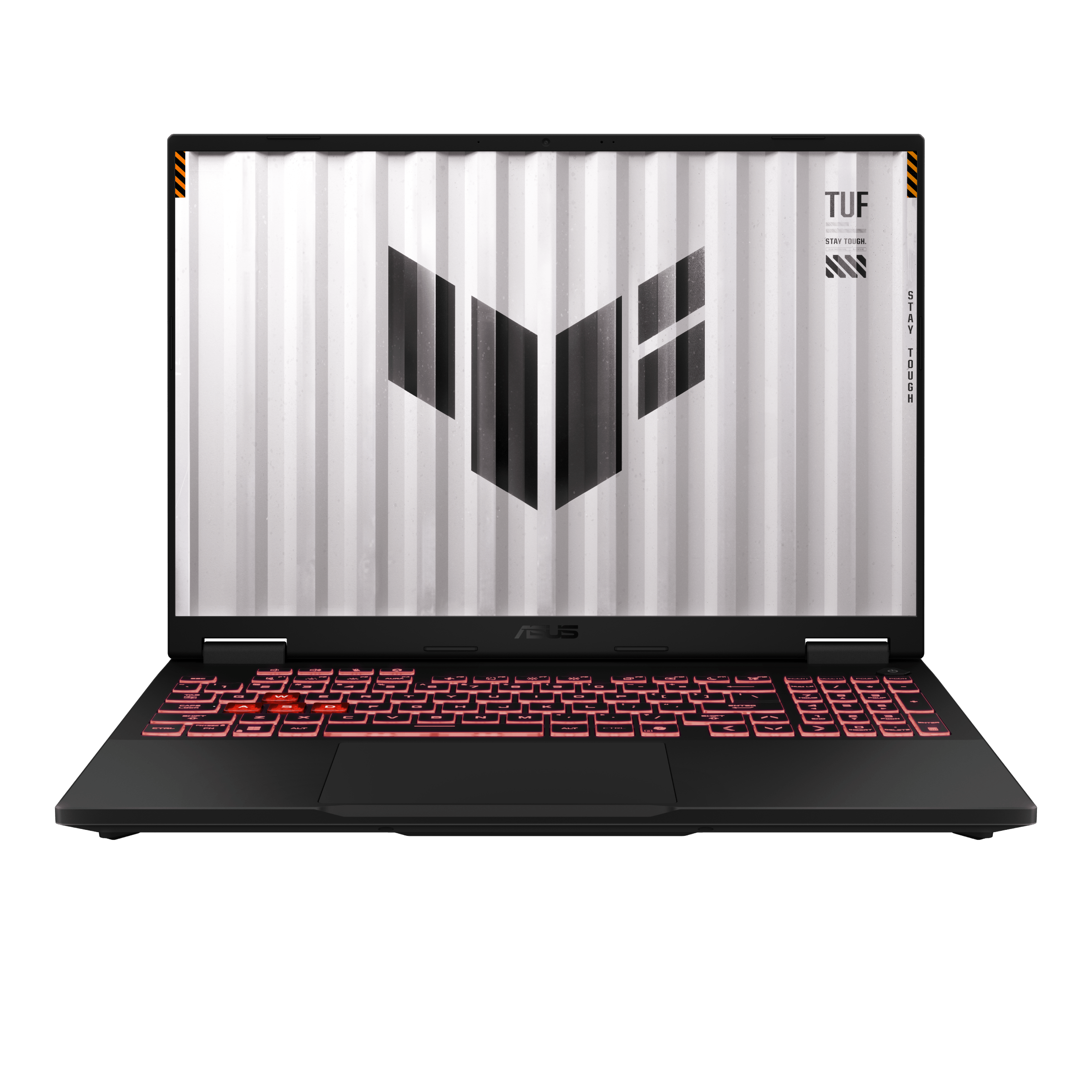 ASUS TUF Gaming A16 laptop product render, open at an angle on a transparent background