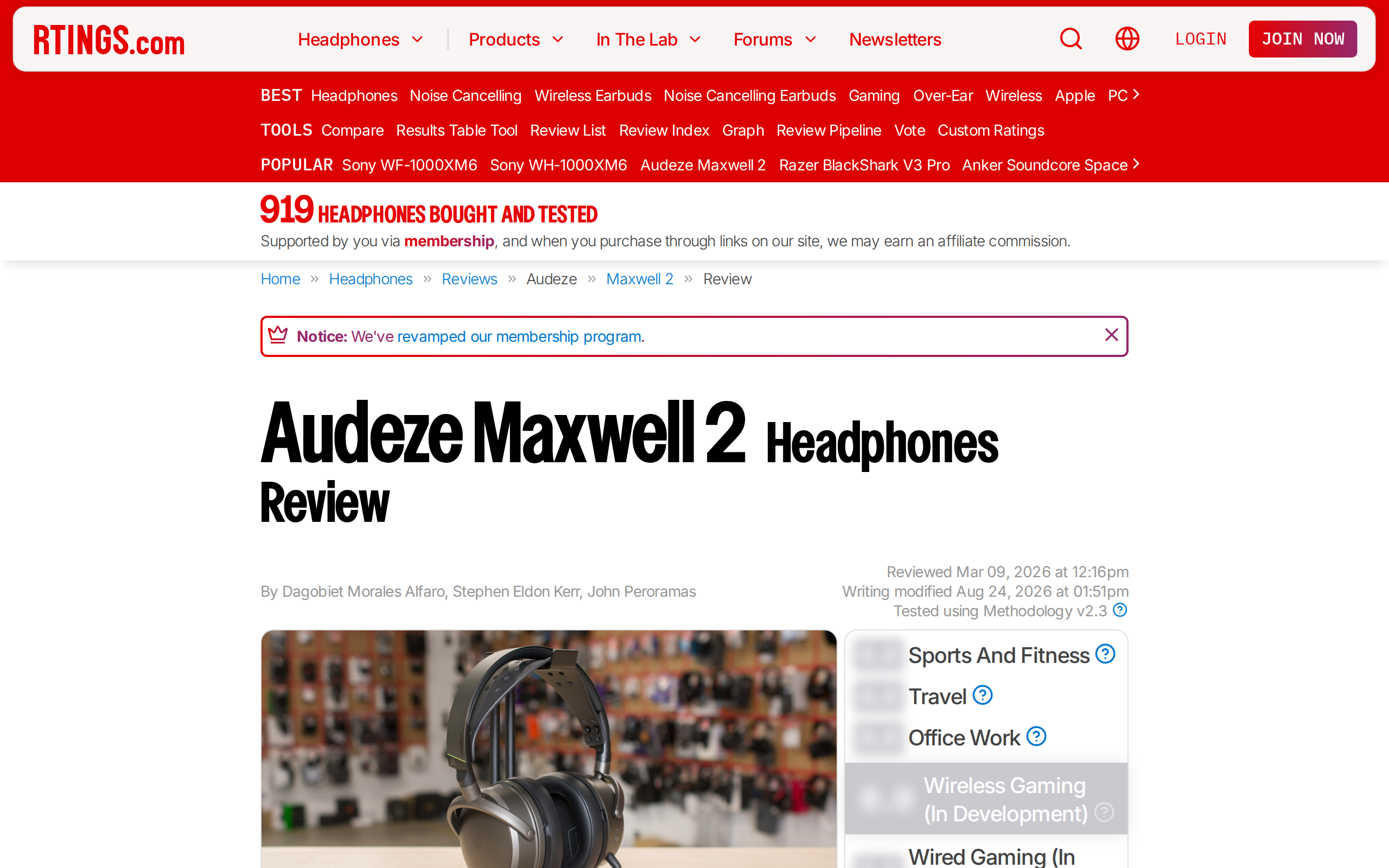 RTINGS review page for the Audeze Maxwell 2 headphones with a product photo of the headset