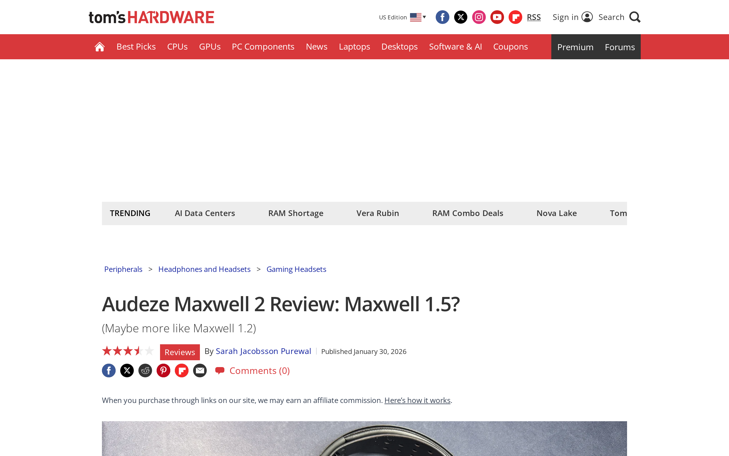 Tom's Hardware's review page for the Audeze Maxwell 2 with the headline Maxwell 1.5 and the subhead Maybe more like Maxwell 1.2
