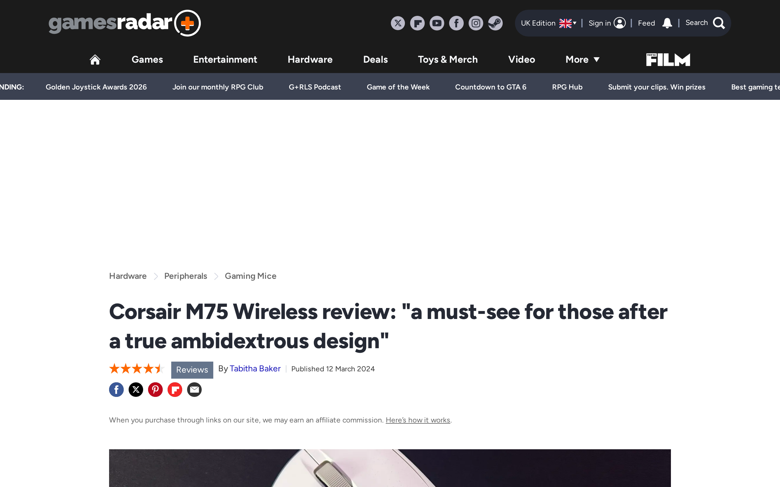 GamesRadar's Corsair M75 Wireless review page, with a photo of the black mouse on a black mouse pad