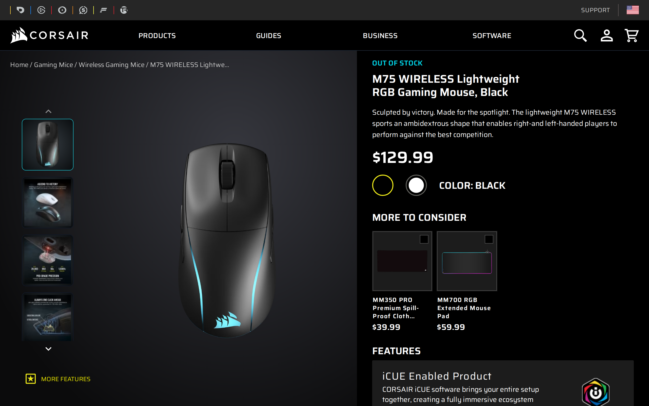 Corsair's store page for the M75 Wireless Lightweight RGB Gaming Mouse in black, with cyan lighting, listed at $129.99