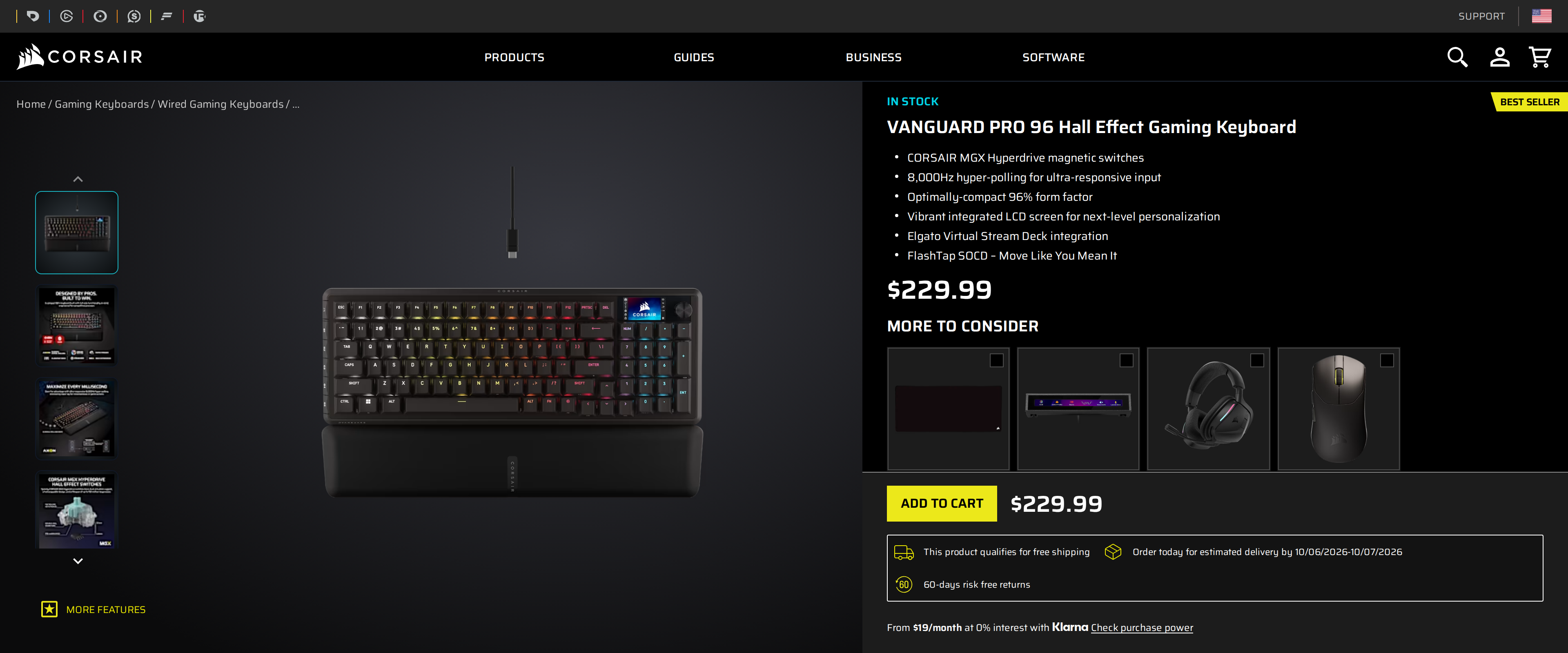Corsair product page for the Vanguard Pro 96 Hall Effect Gaming Keyboard with the keyboard, its LCD and a $229.99 price in view