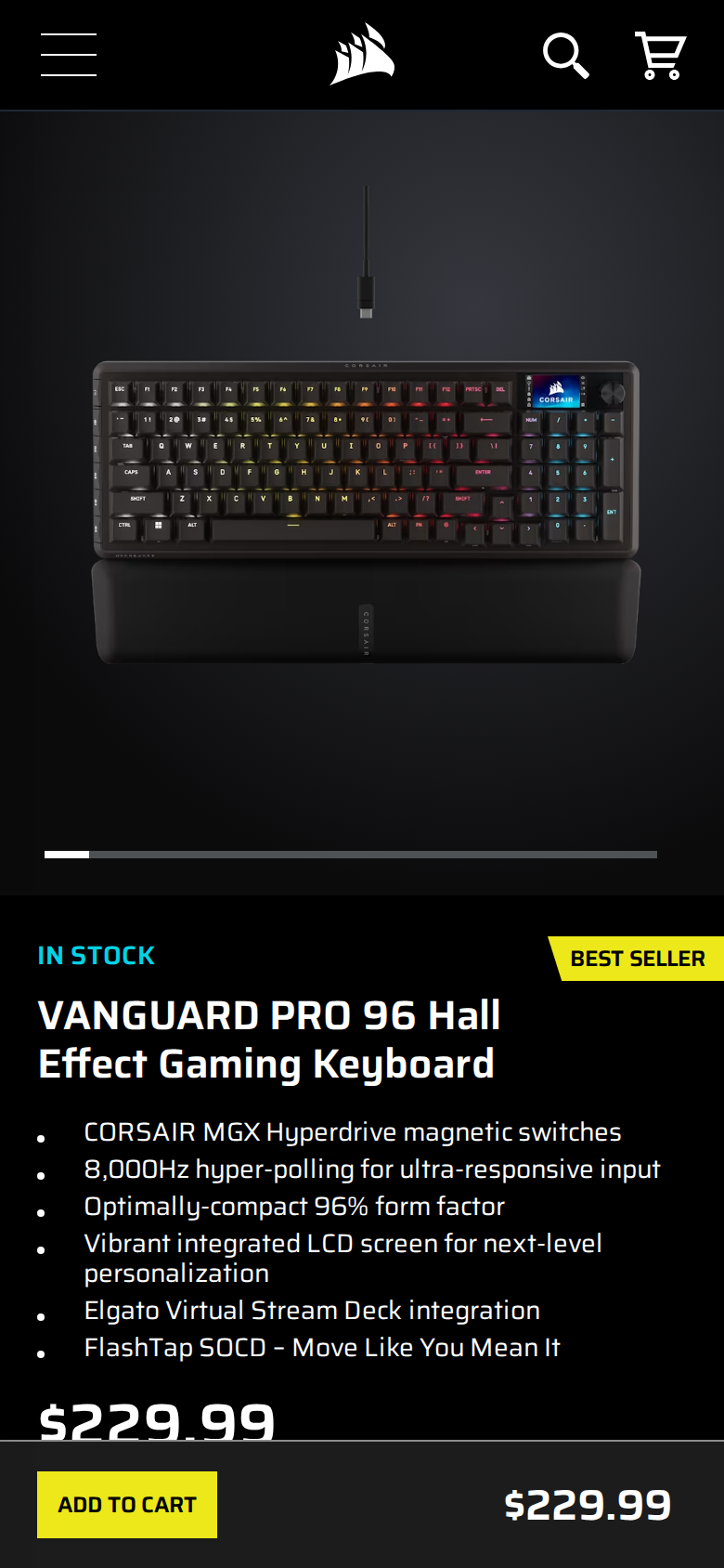 Phone-width capture of the Corsair listing: MGX Hyperdrive magnetic switches, 8,000Hz hyper-polling and an optimally compact 96 percent form factor