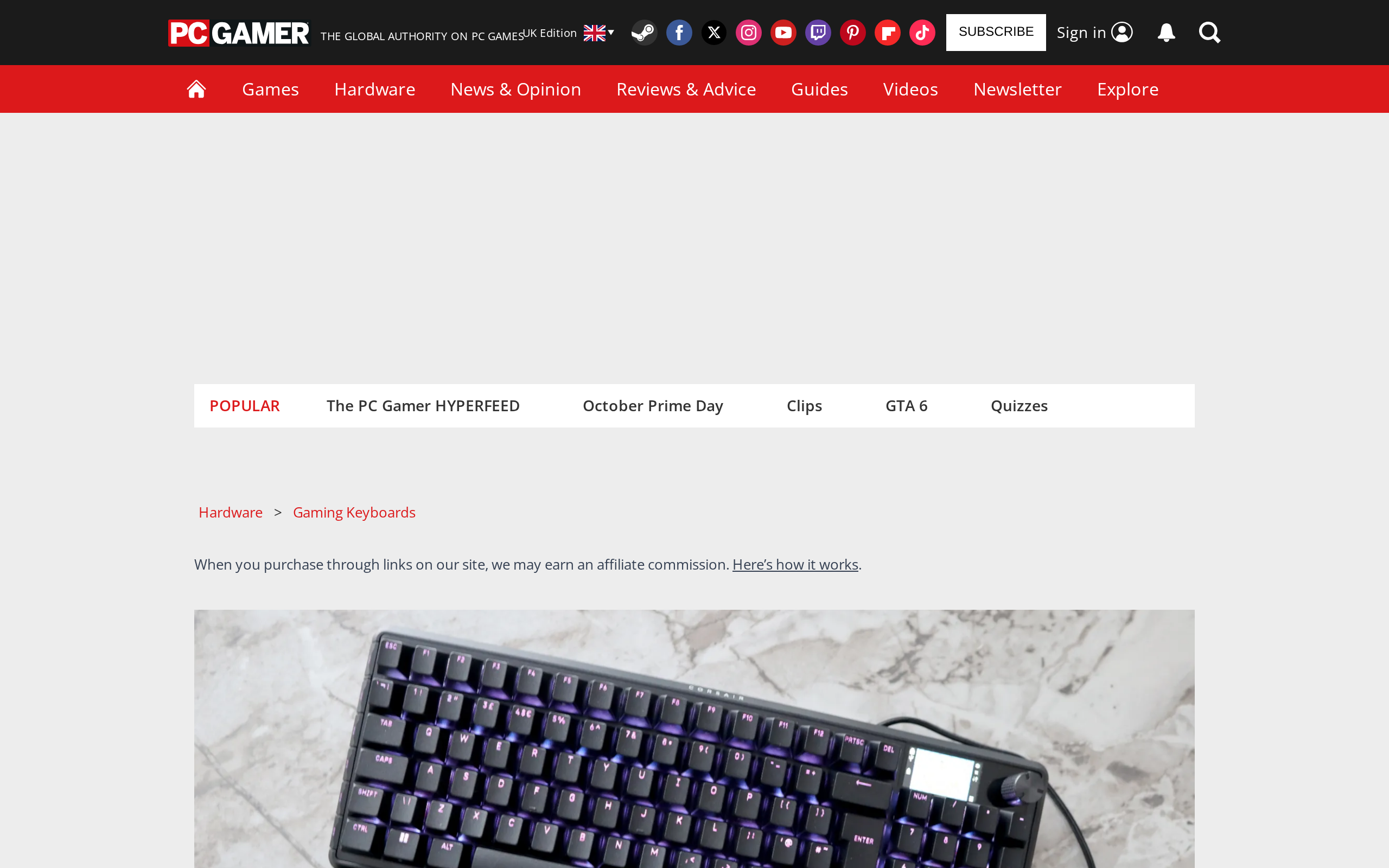 PC Gamer's review page for the Corsair Vanguard Pro 96 gaming keyboard, with a lead photo of the board