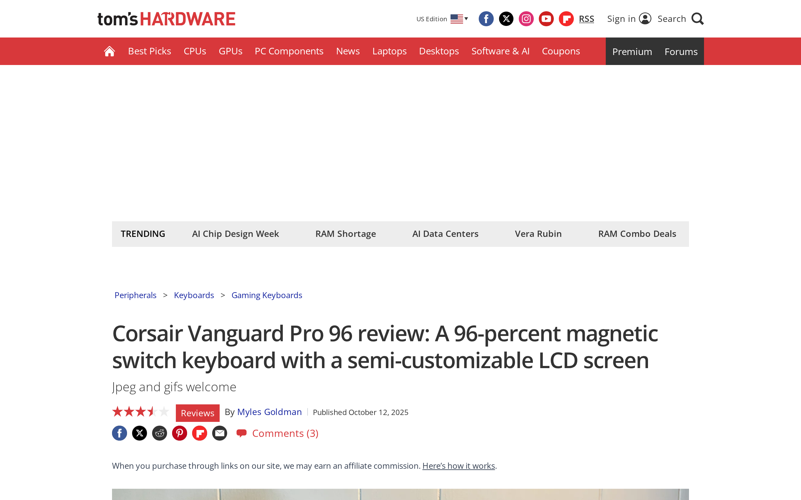 Tom's Hardware review page for the Corsair Vanguard Pro 96, headlined as a 96-percent magnetic switch keyboard with a semi-customizable LCD screen