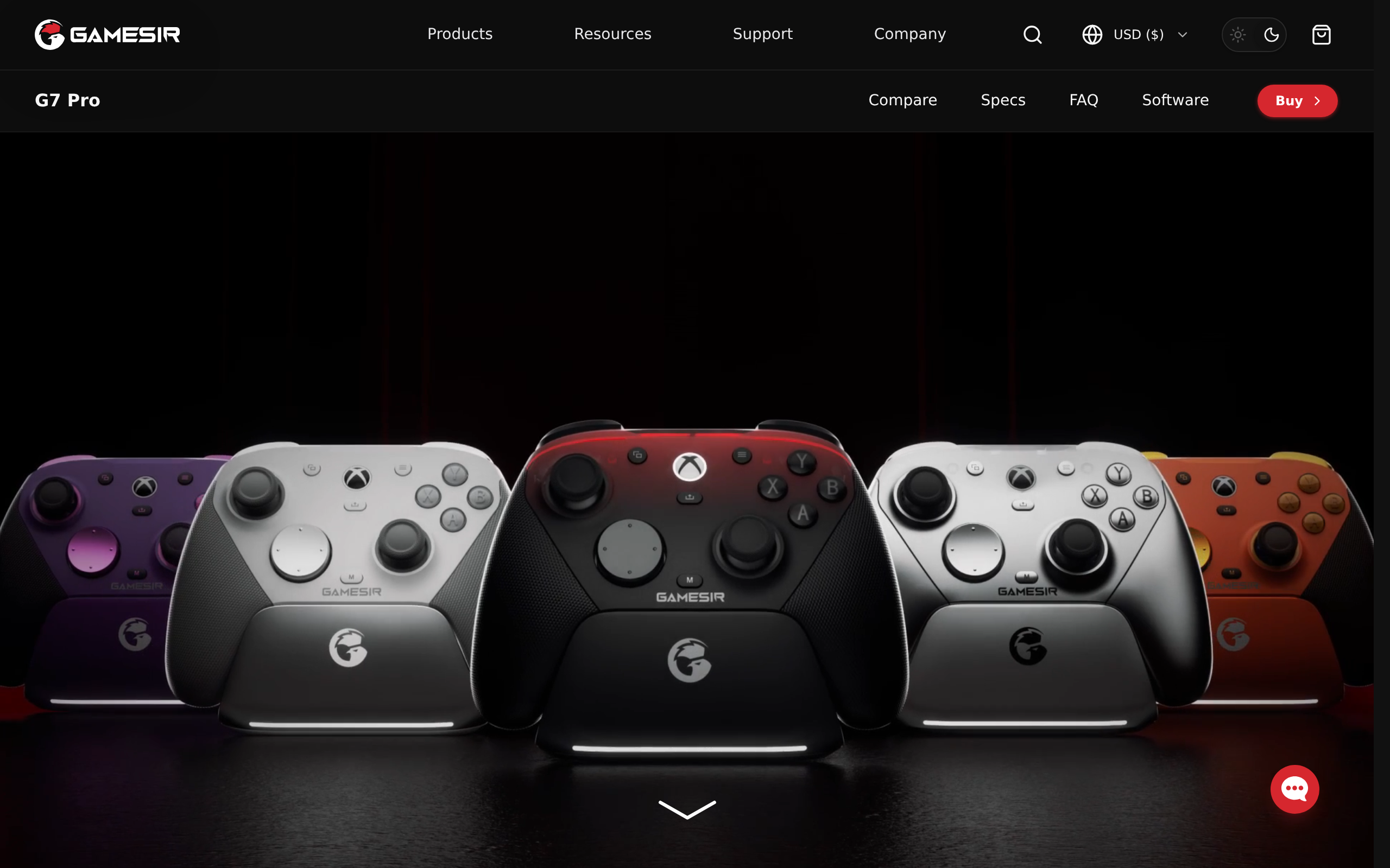 Five GameSir G7 Pro controllers in different colours on charging stands against a dark background