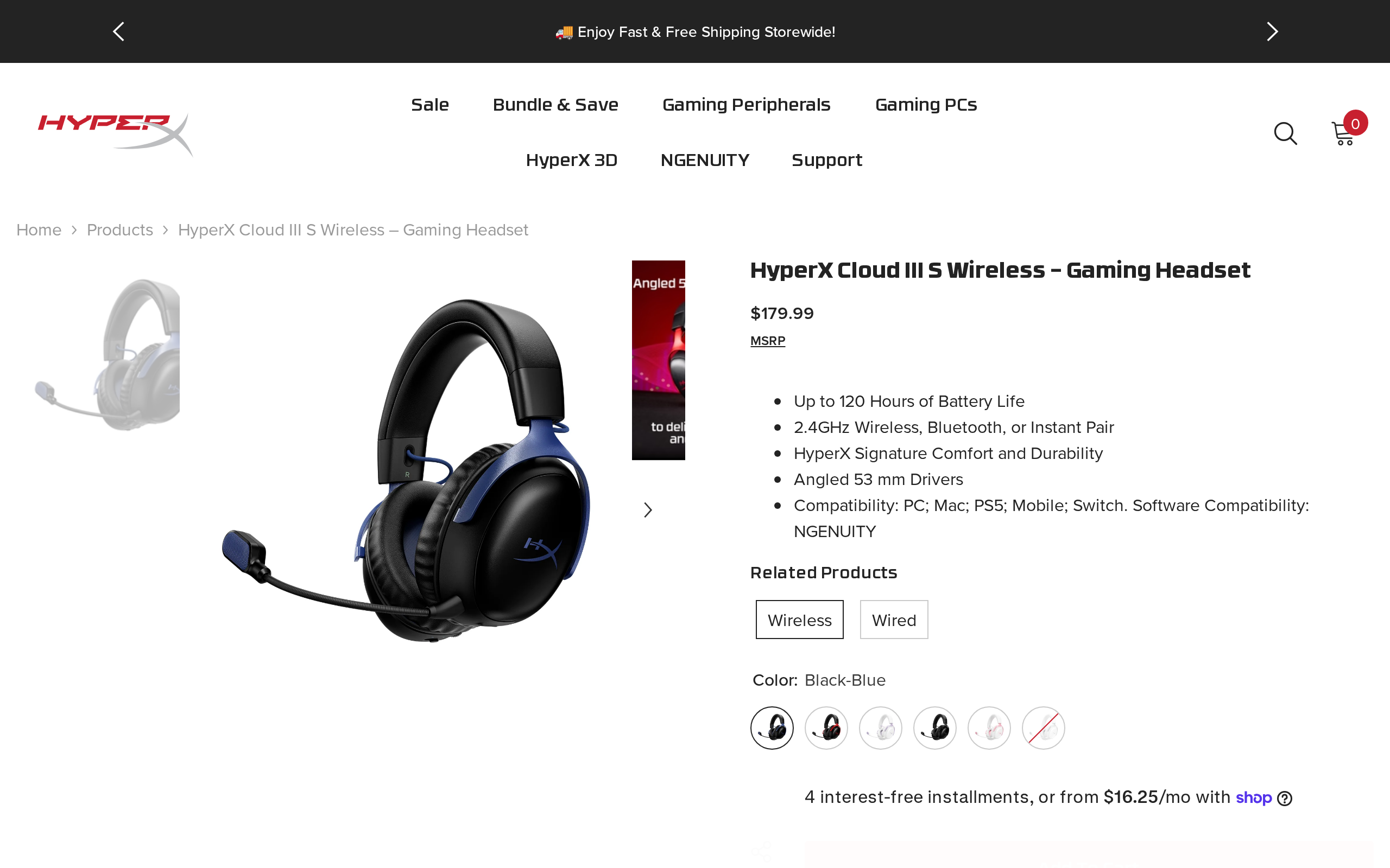 HyperX product page for the Cloud III S Wireless showing the black and blue headset with the $179.99 price and the 120 hour battery claim