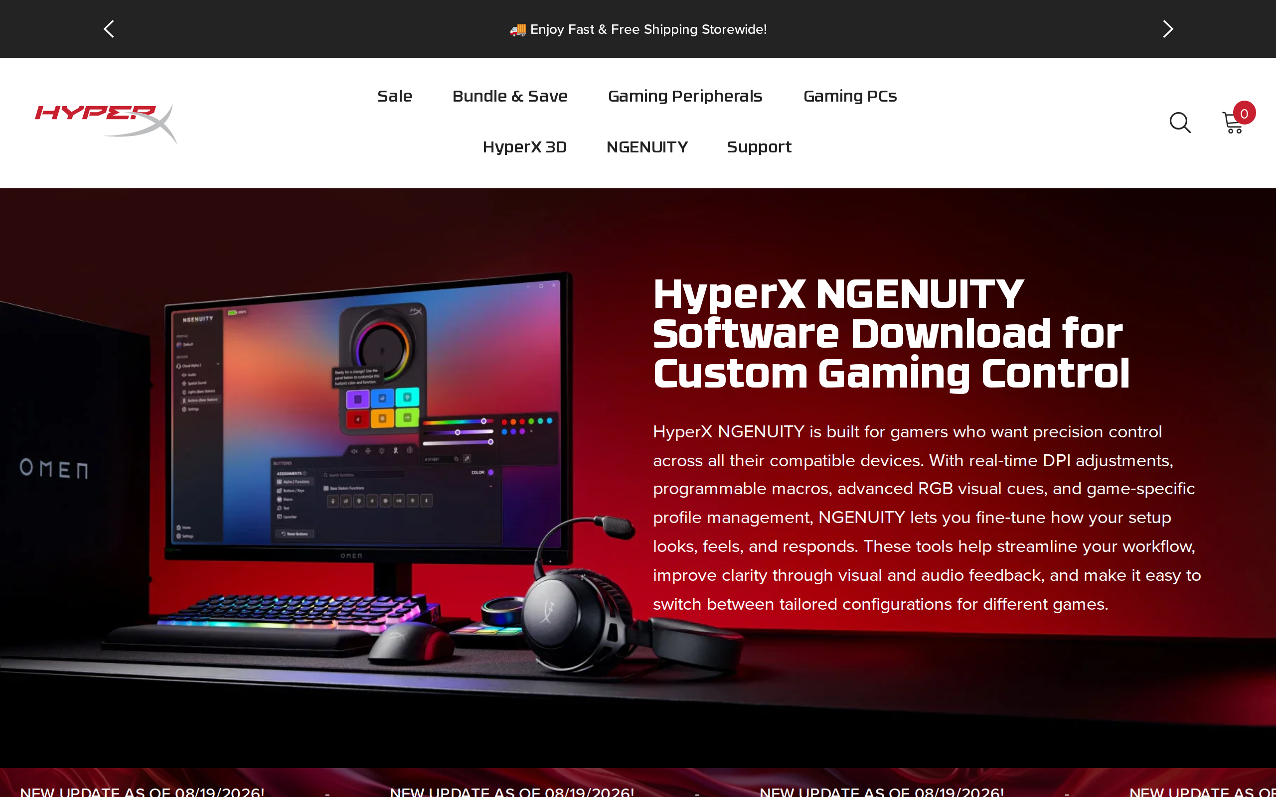HyperX NGENUITY software page showing the app used to customise HyperX headsets, mice and keyboards