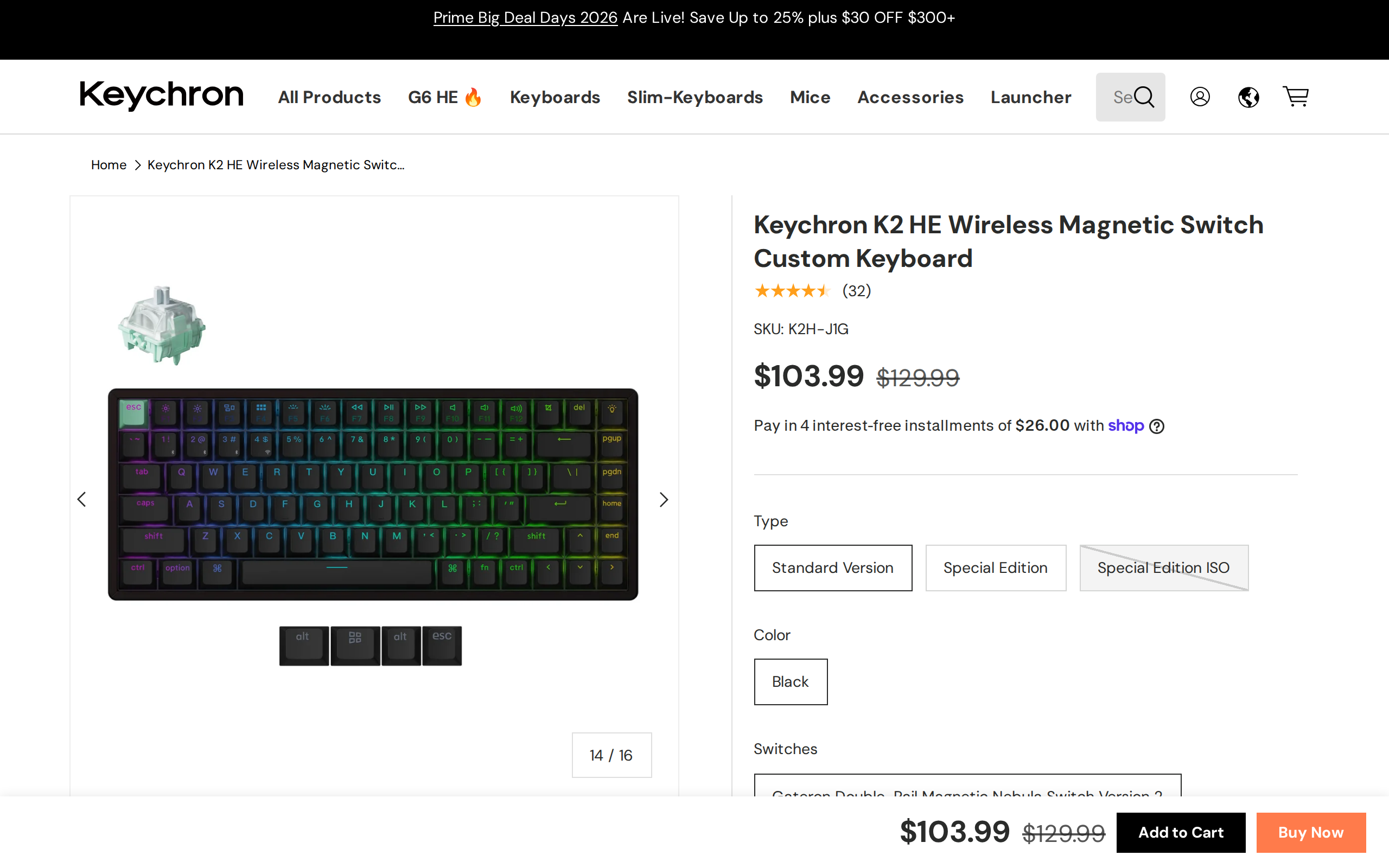 Keychron product page for the K2 HE wireless magnetic switch keyboard with a black 75 percent board and a $103.99 price
