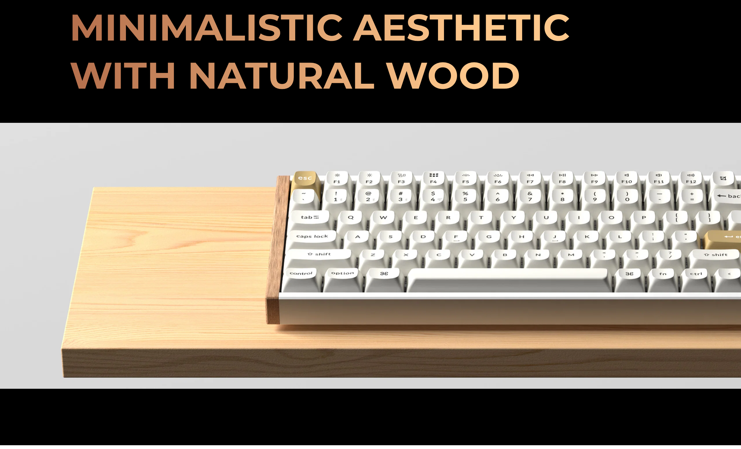 Keychron page banner reading Minimalistic Aesthetic with Natural Wood, showing a light keyboard on a wooden board