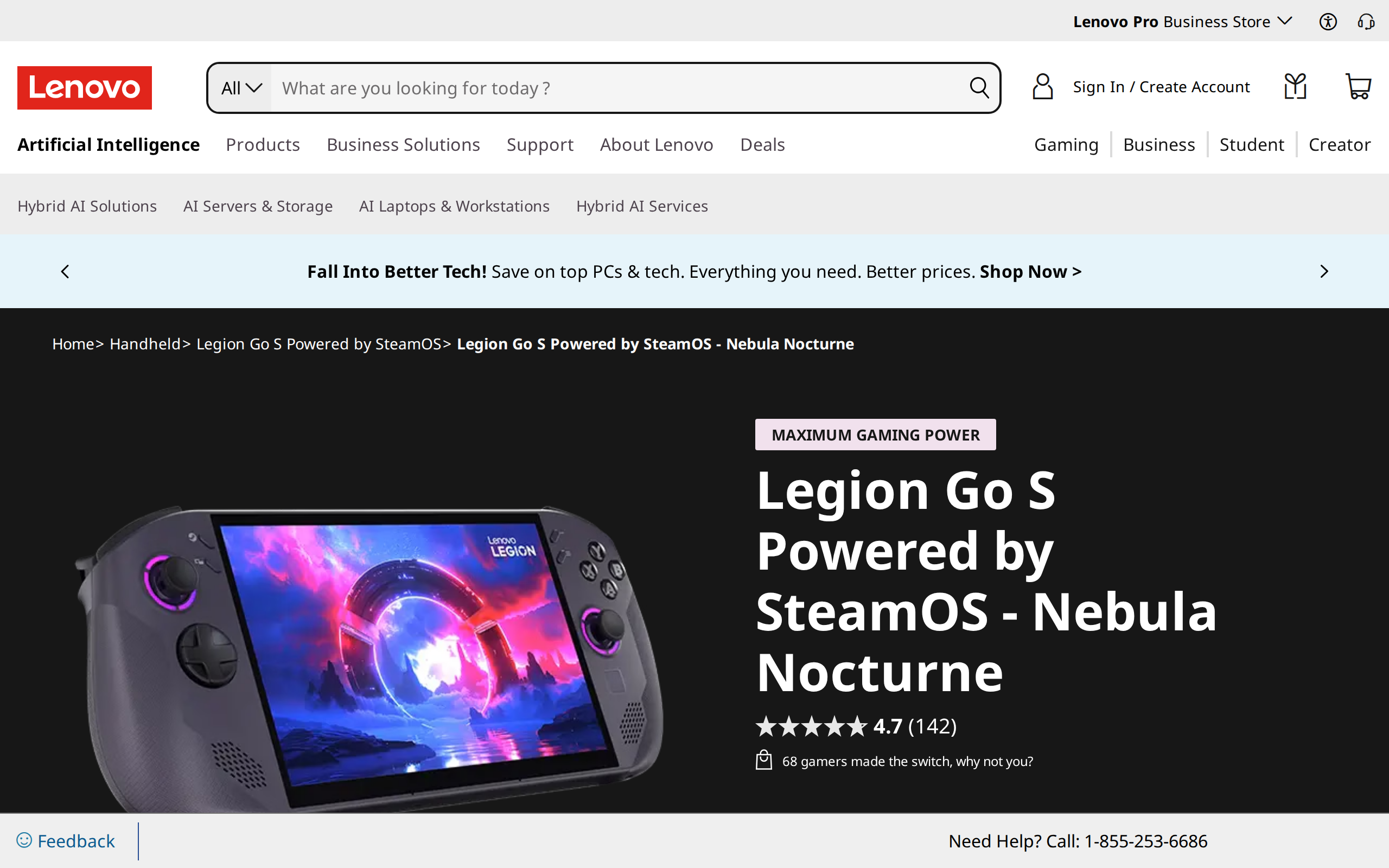 Lenovo's product page for the Legion Go S Powered by SteamOS, showing the handheld with purple-ringed sticks