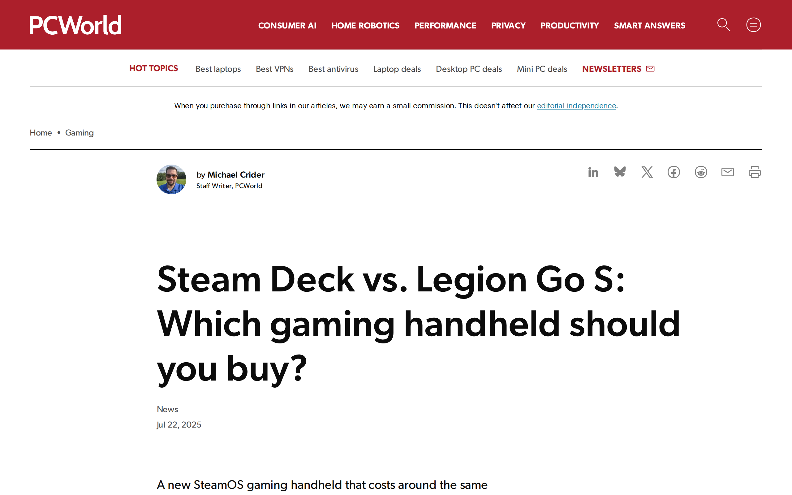 PCWorld's comparison article, Steam Deck vs. Legion Go S: Which gaming handheld should you buy?