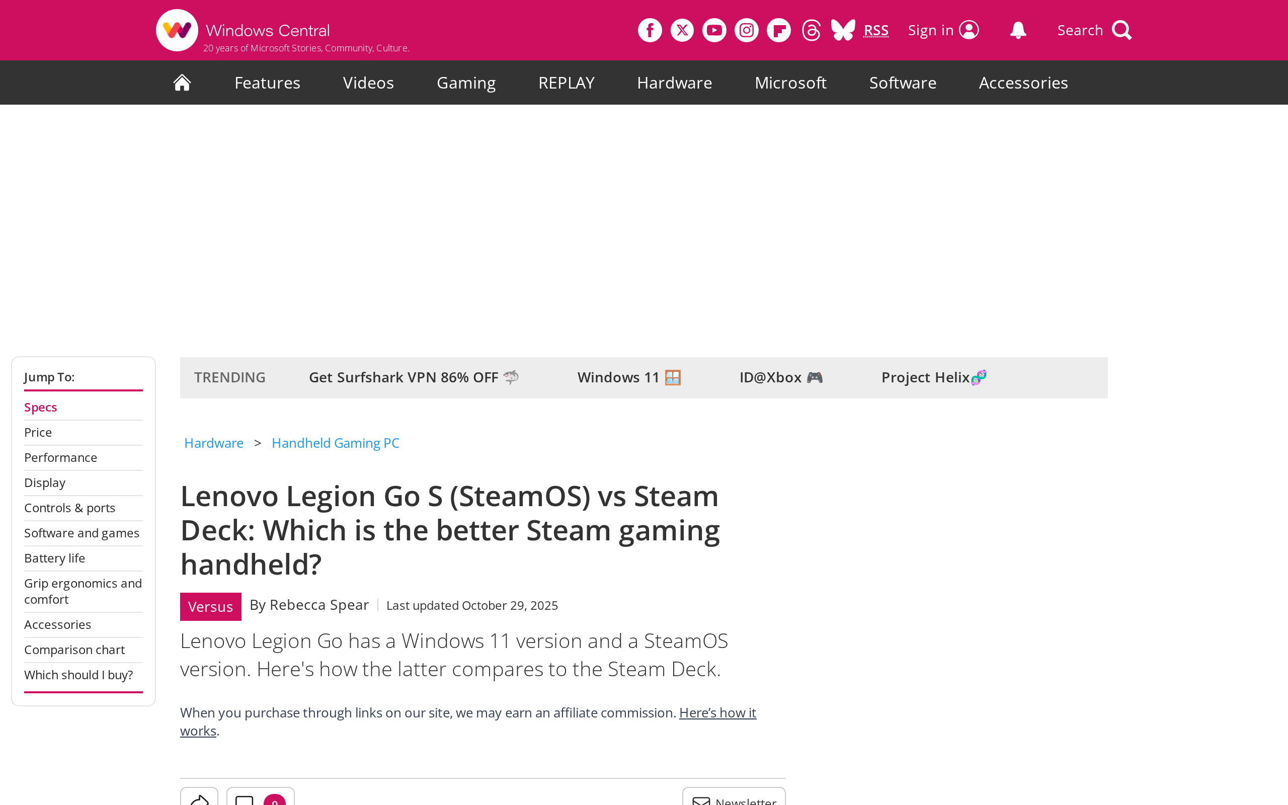 A Windows Central comparison article page titled Lenovo Legion Go S (SteamOS) vs Steam Deck, with a section on grip ergonomics and comfort