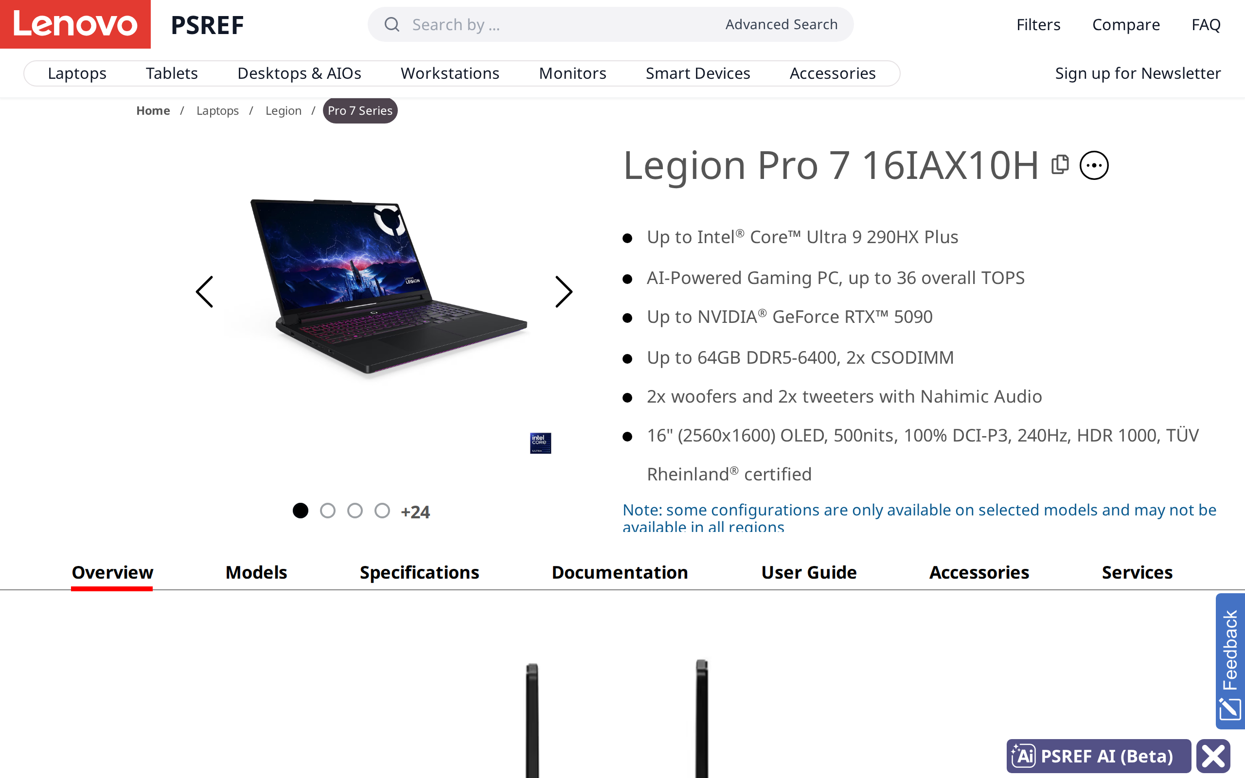 Lenovo PSREF specification page for the Legion Pro 7 16IAX10H listing up to a Core Ultra 9 processor and up to an RTX 5090