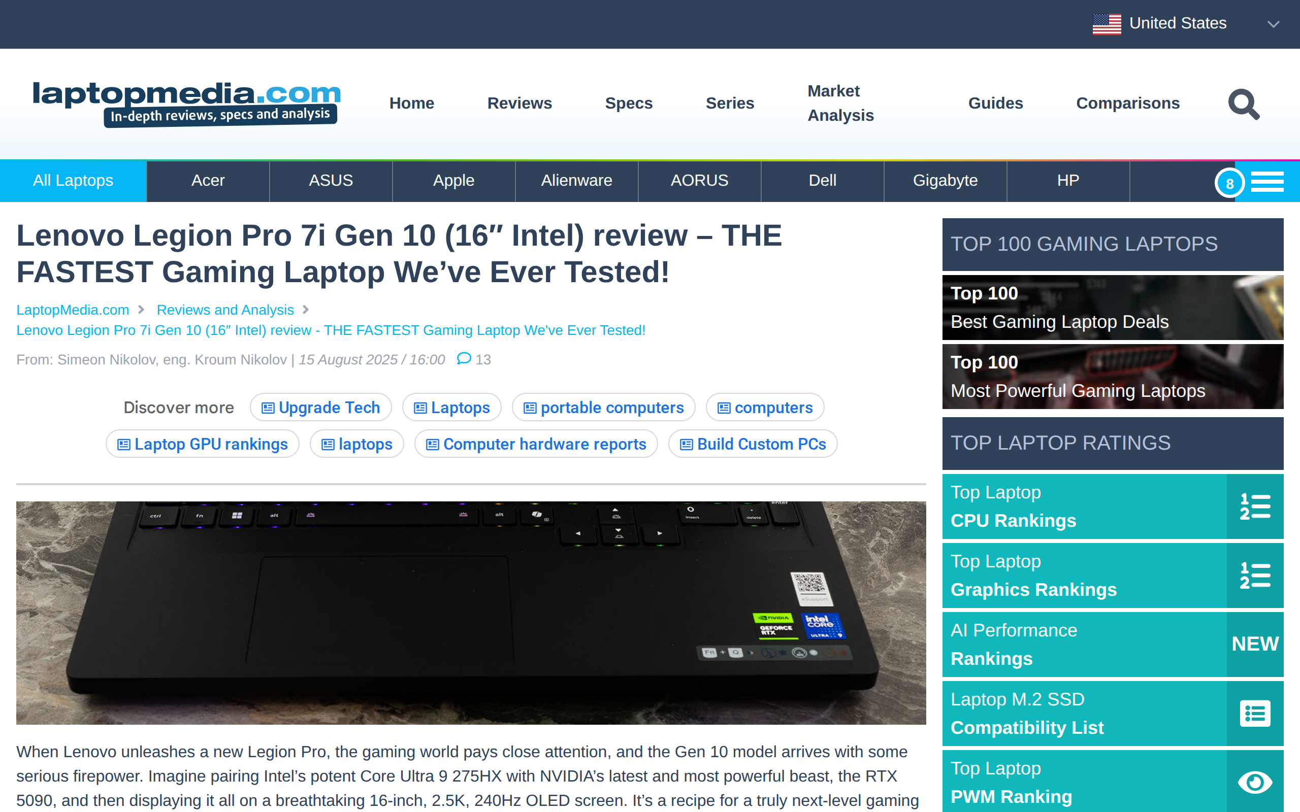 LaptopMedia review page for the Lenovo Legion Pro 7i Gen 10 with the headline calling it the fastest gaming laptop the site has tested