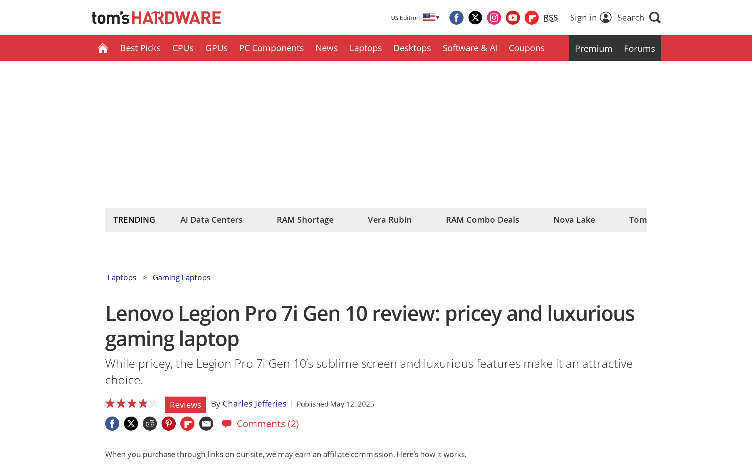 Tom's Hardware review page for the Legion Pro 7i Gen 10 headlined pricey and luxurious gaming laptop