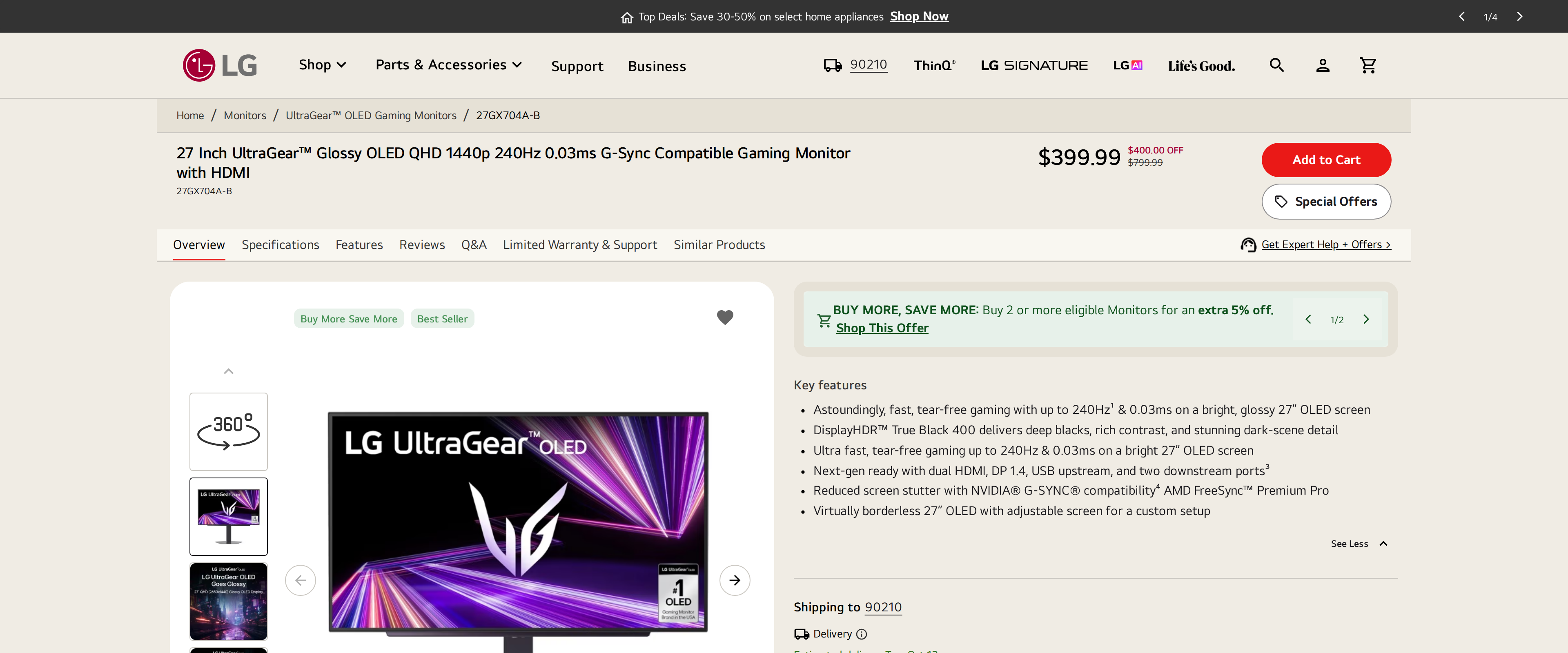 LG USA product page for the 27 inch UltraGear Glossy OLED QHD 1440p 240Hz gaming monitor with a photo of the screen showing purple light streaks