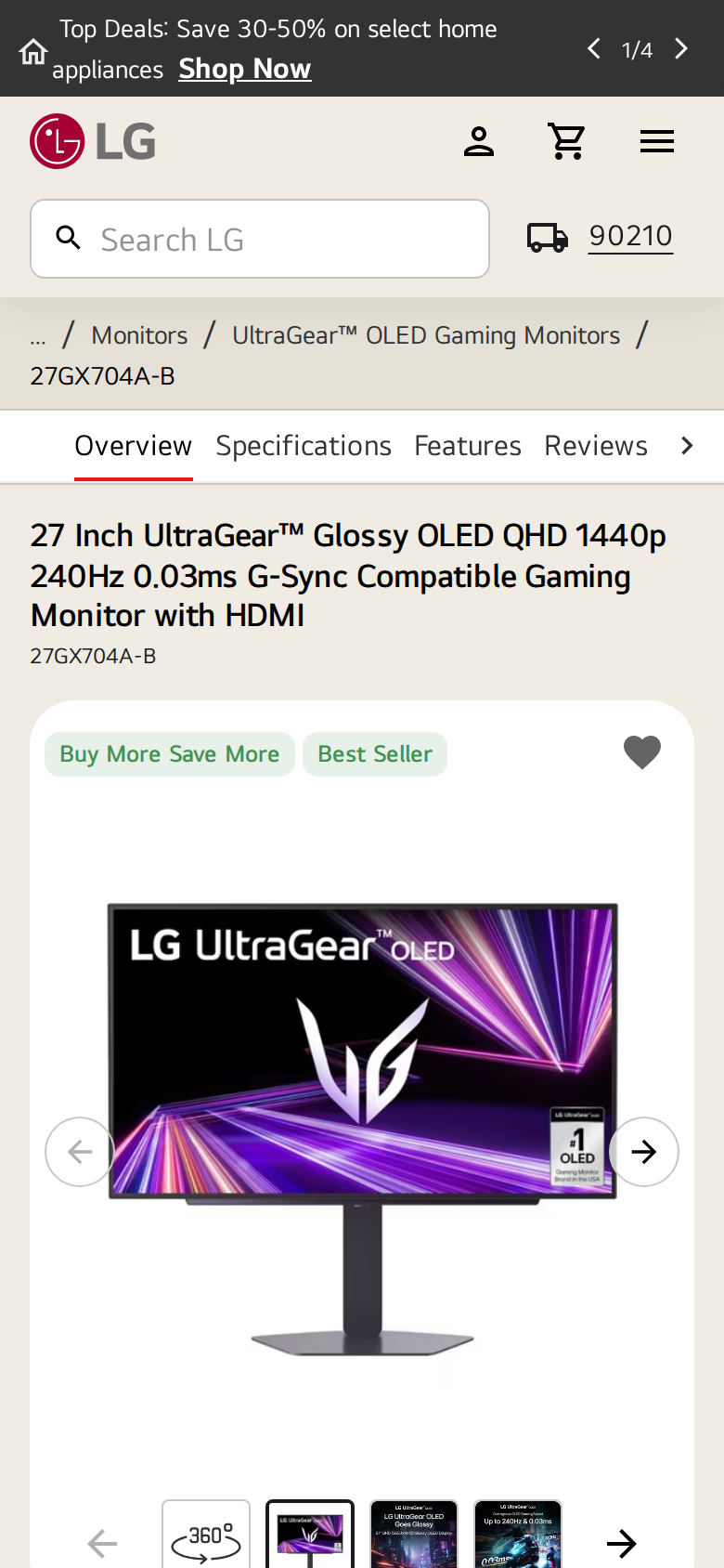 Phone-width capture of the LG USA listing for the 27 inch UltraGear glossy OLED, with the product title and a photo of the monitor