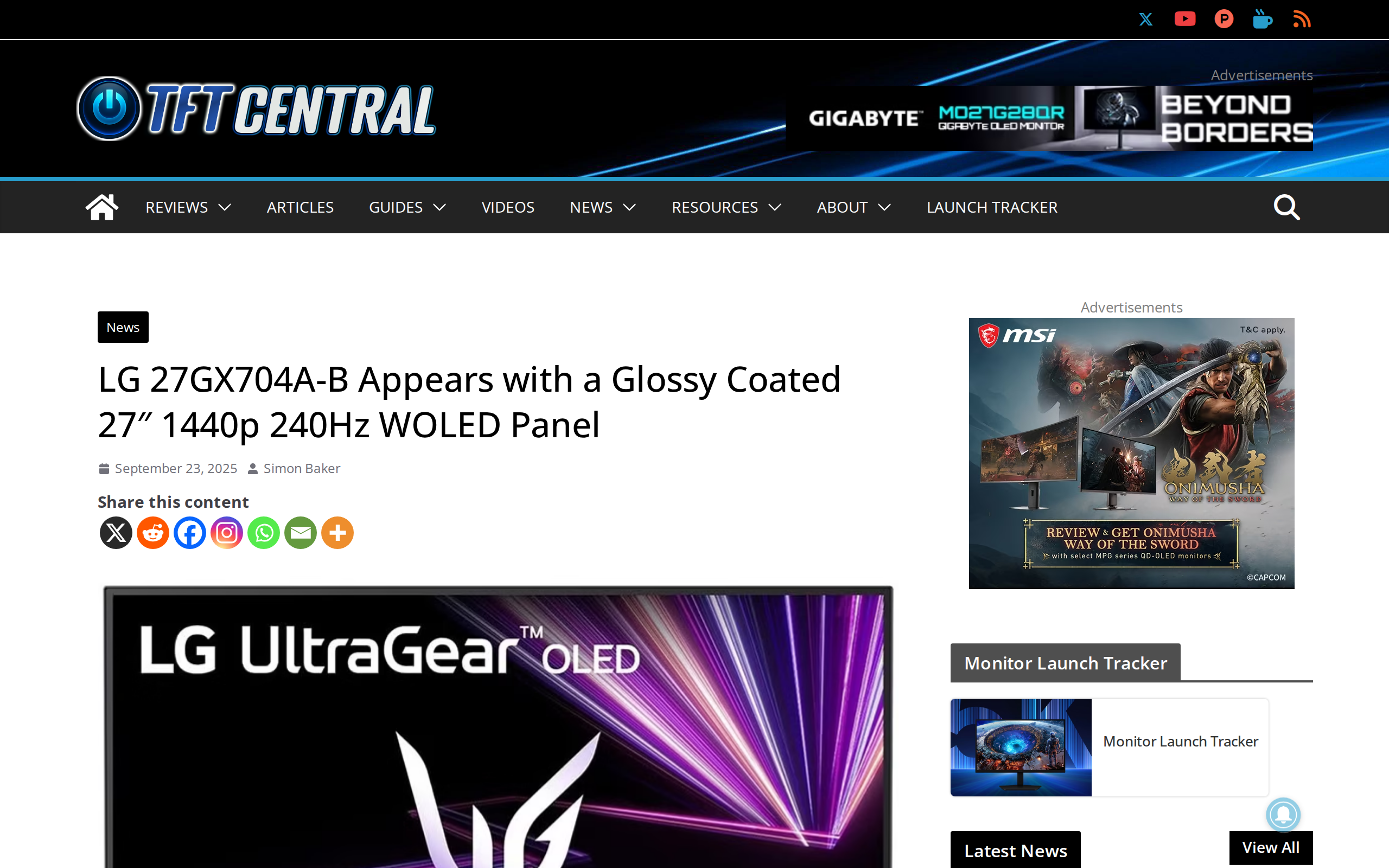 TFTCentral news page about the LG 27GX704A-B appearing with a glossy coated 27 inch 1440p 240Hz WOLED panel