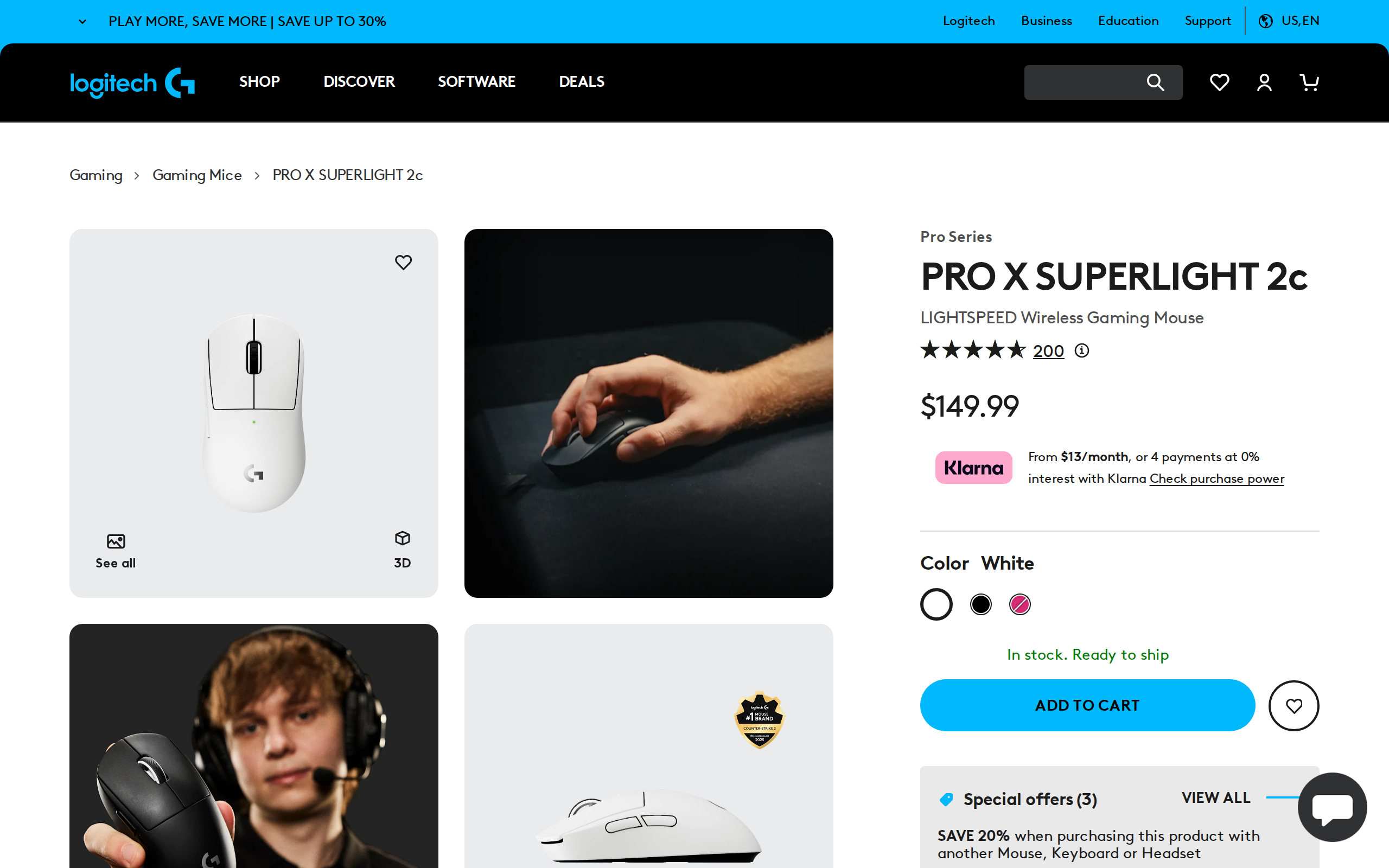Logitech G product page for the PRO X SUPERLIGHT 2c wireless gaming mouse in white showing a price of $149.99