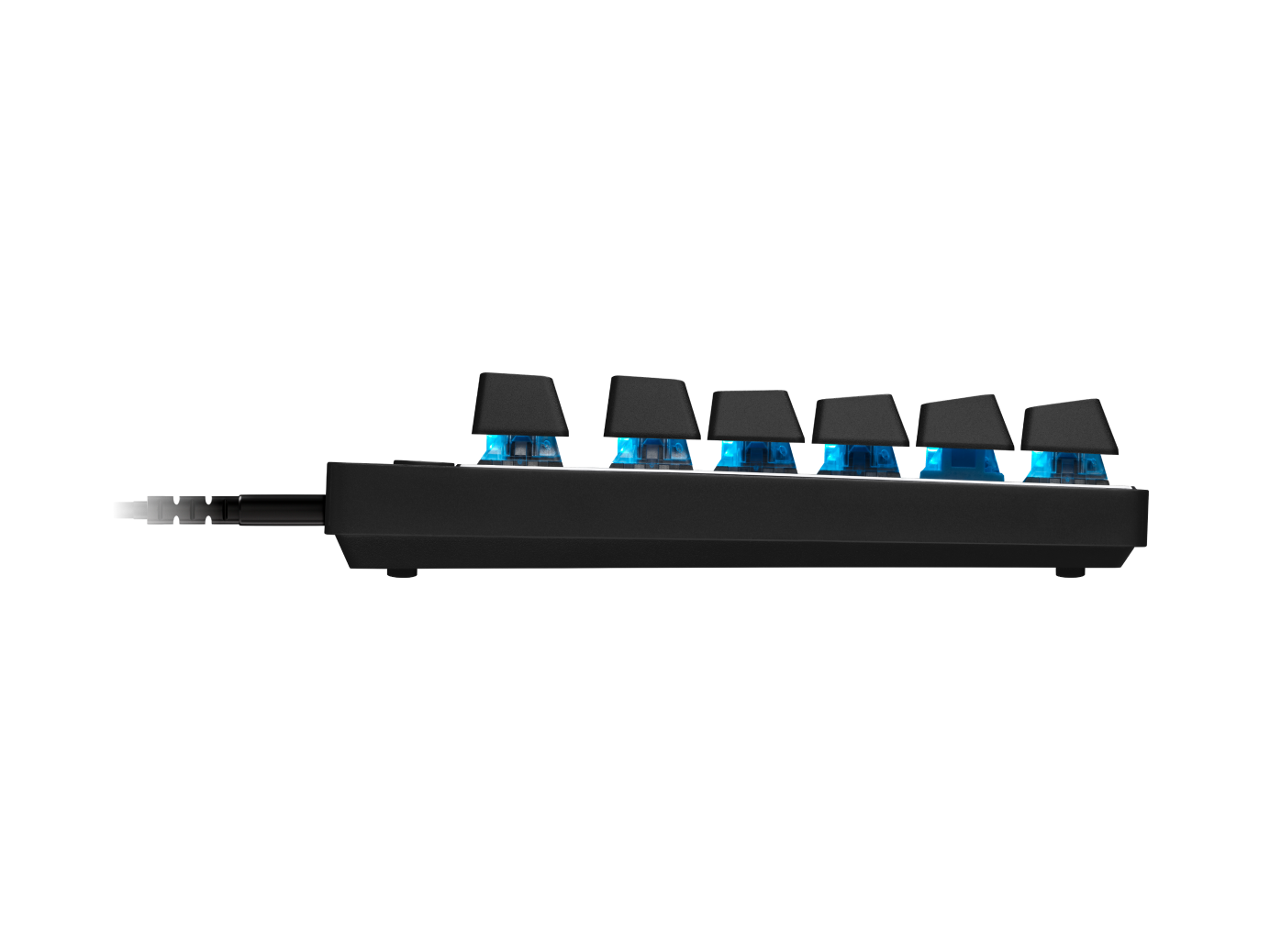 Side profile of the PRO X TKL Rapid with its switches lit blue above the aluminium front plate