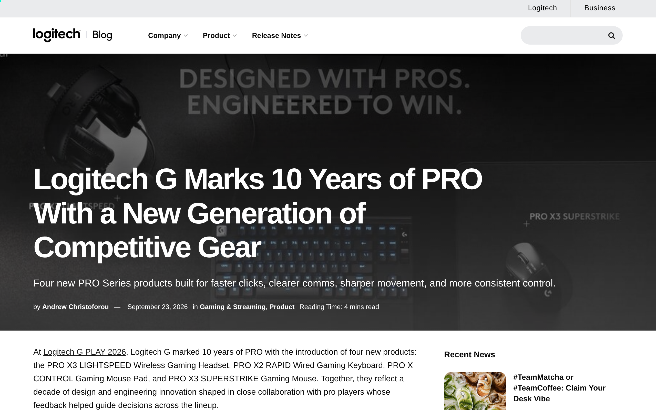 Logitech's blog post announcing four new PRO series products