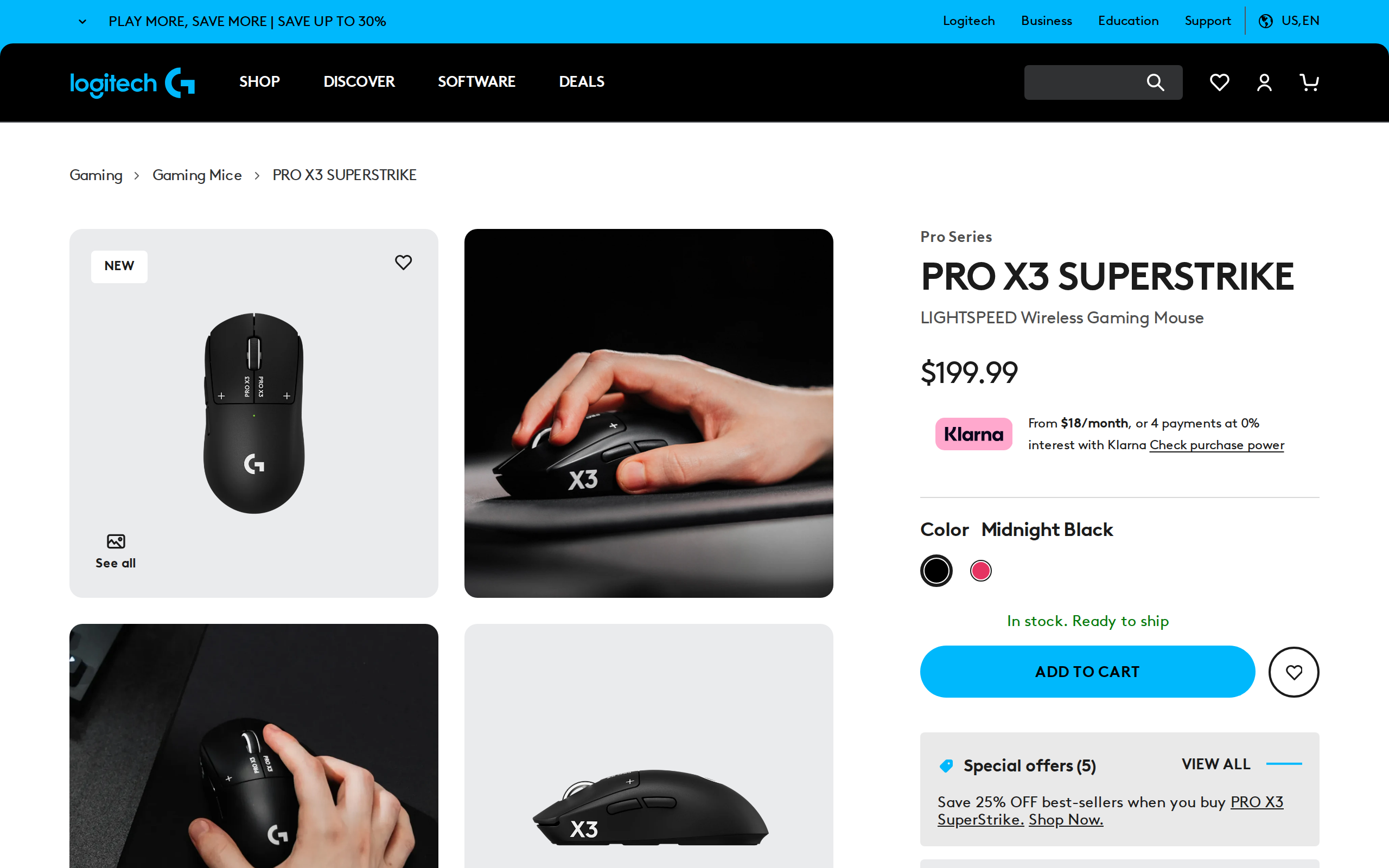 Logitech G's product page for the PRO X3 SUPERSTRIKE wireless gaming mouse in Midnight Black, priced at $199.99