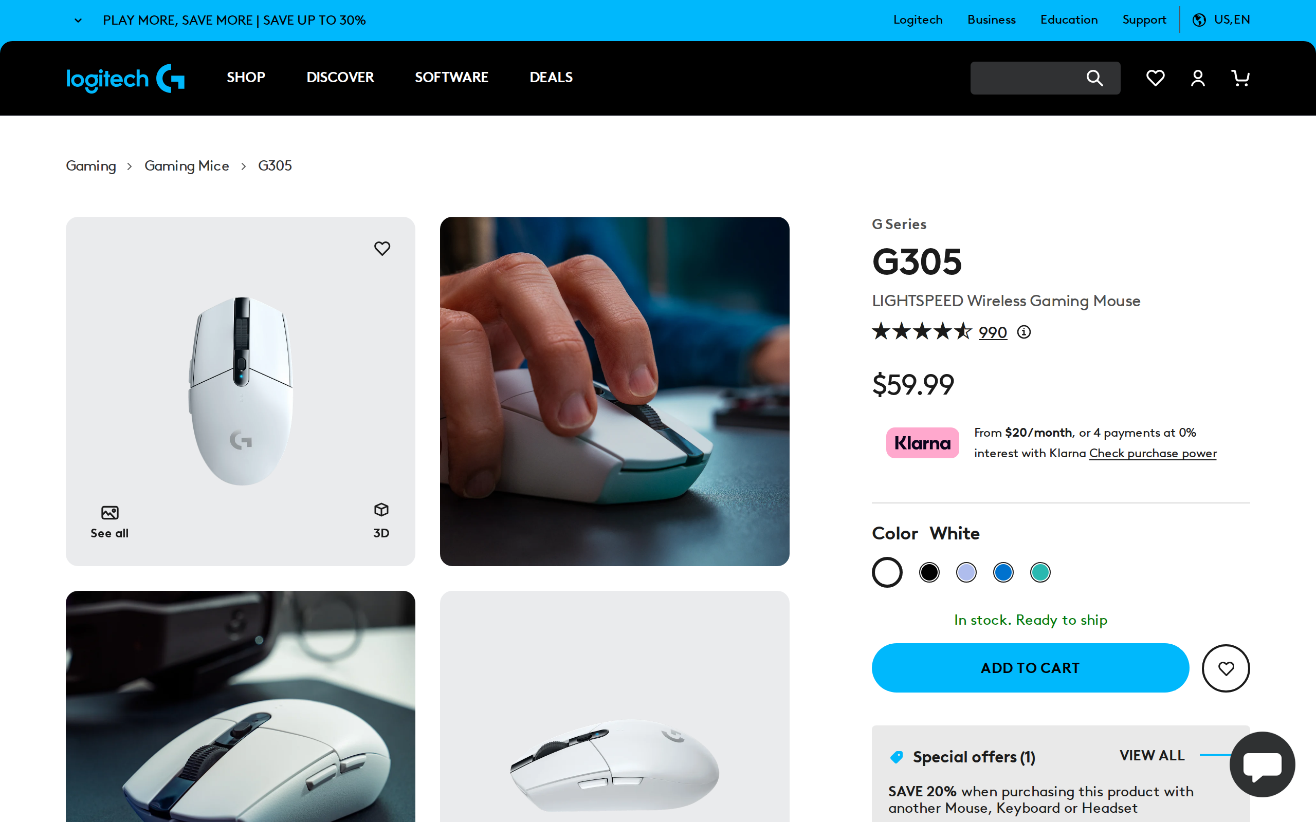 Logitech G store page for the G305 Lightspeed Wireless Gaming Mouse showing the $59.99 price and white colour option