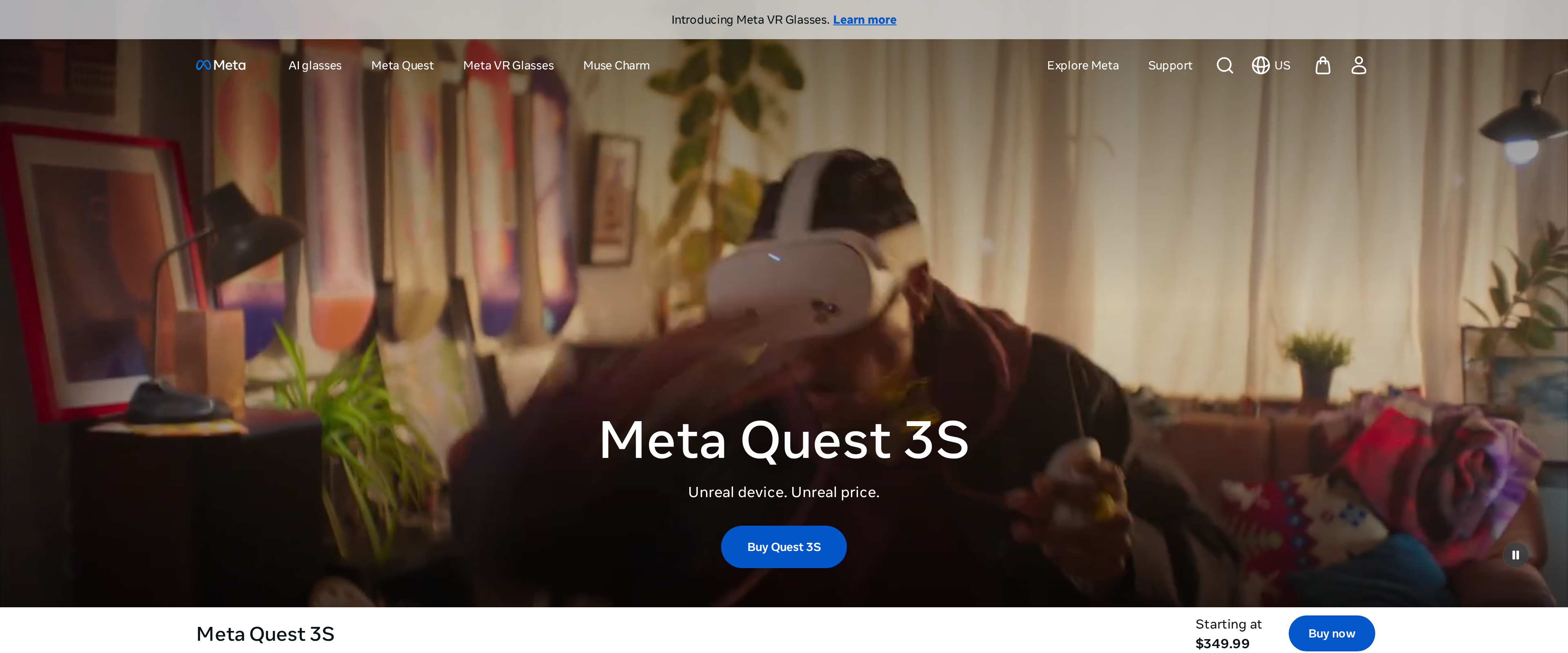 Meta Store page for the Meta Quest 3S headline banner with a $349.99 price