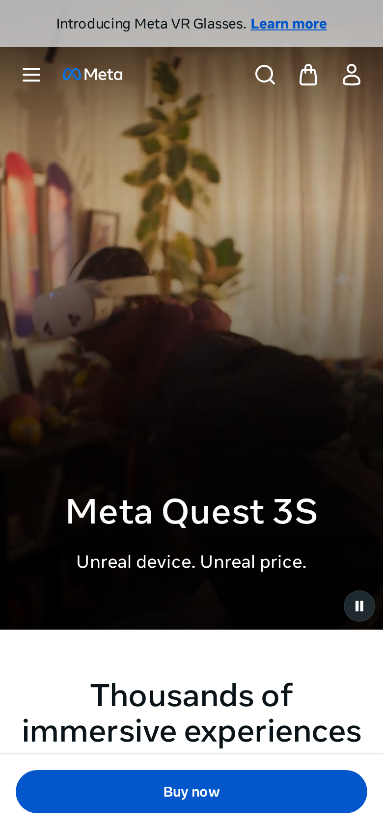 Phone-width capture of the Meta Quest 3S store page showing the Meta Quest 3S heading and the Thousands of immersive experiences section
