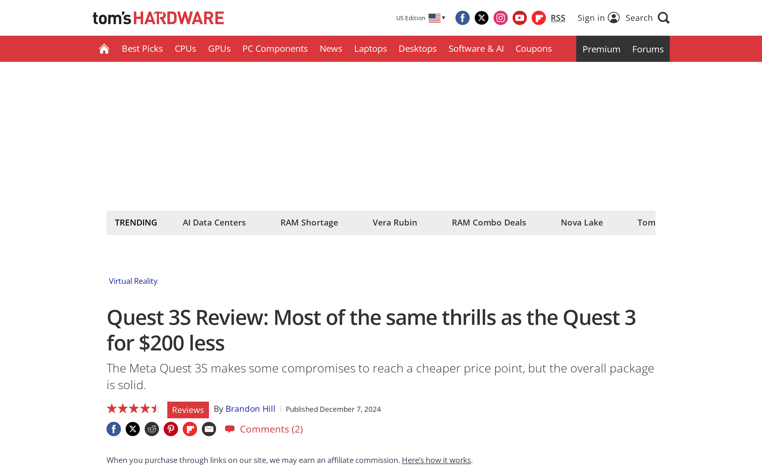 Tom's Hardware's Quest 3S review page, headlined as most of the same thrills as the Quest 3 for $200 less