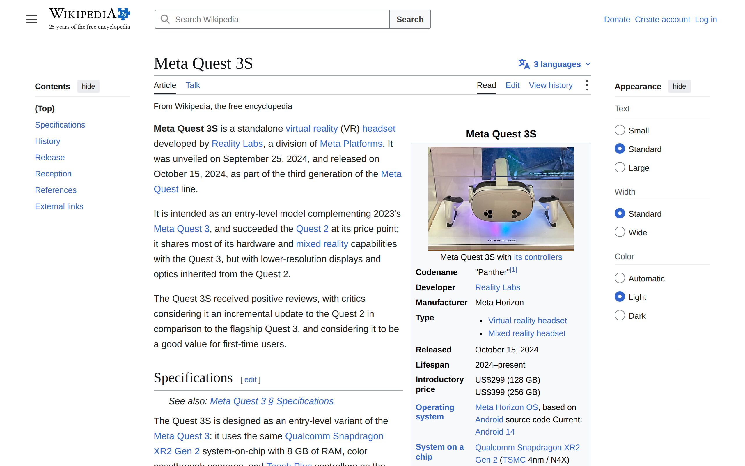 Wikipedia's article on the Meta Quest 3S with its specifications section and launch pricing of US$299 for 128GB and US$399 for 256GB