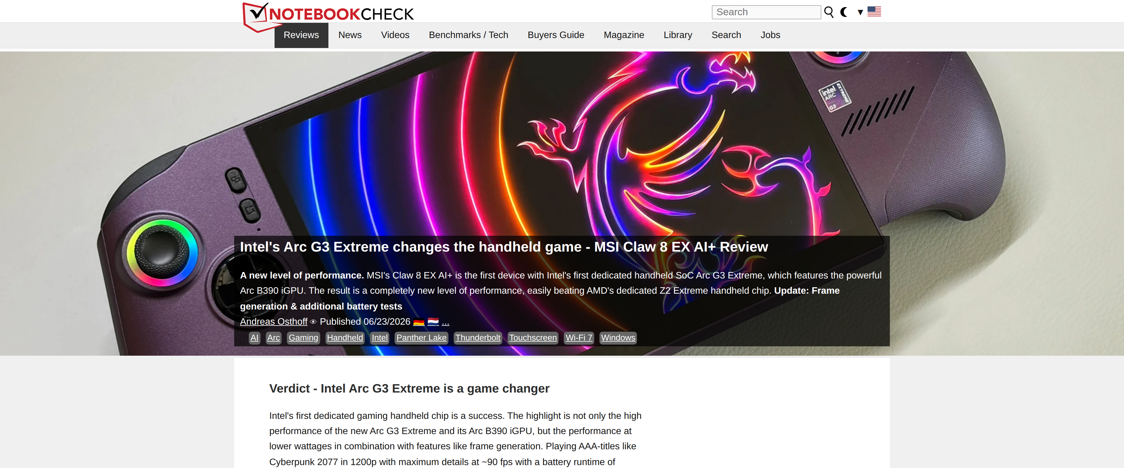 Notebookcheck's review of the MSI Claw 8 EX AI+ headlined Intel's Arc G3 Extreme changes the handheld game