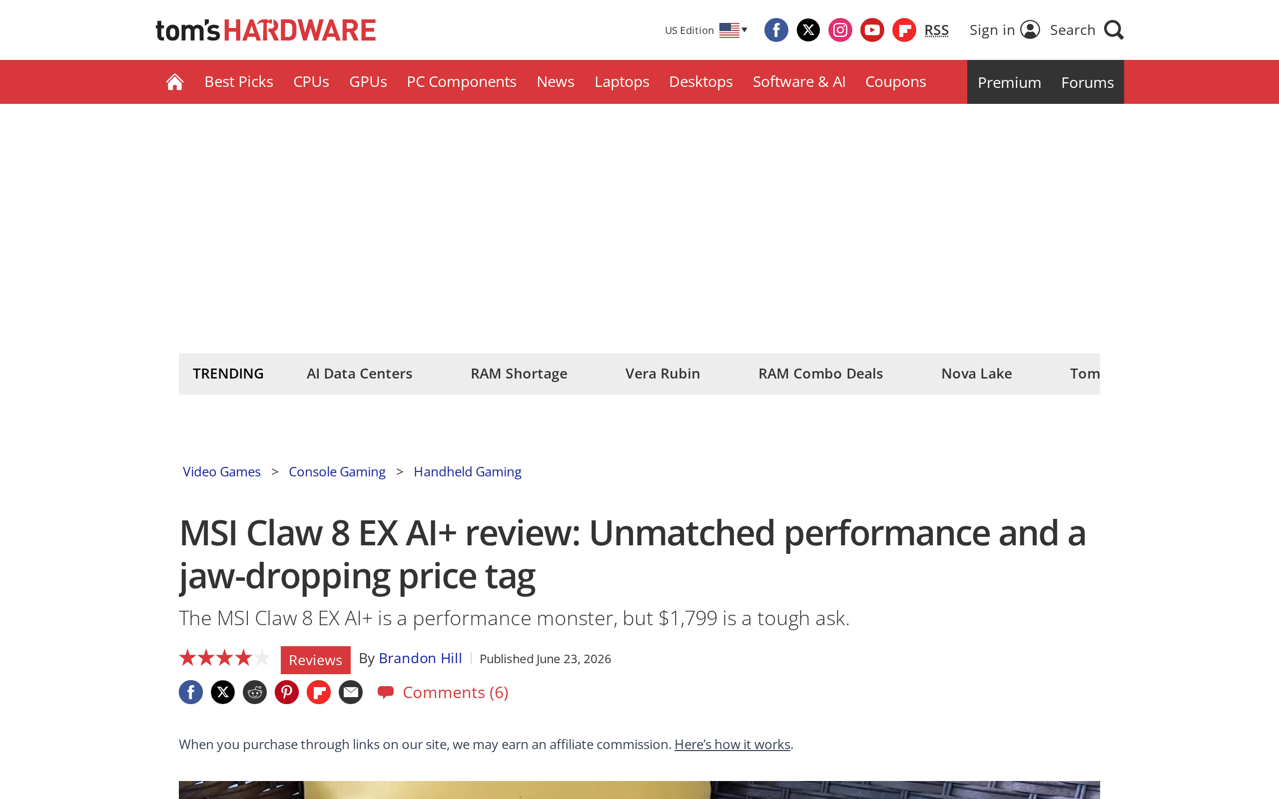 Tom's Hardware's review of the Claw 8 EX AI+, headlined Unmatched performance and a jaw-dropping price tag