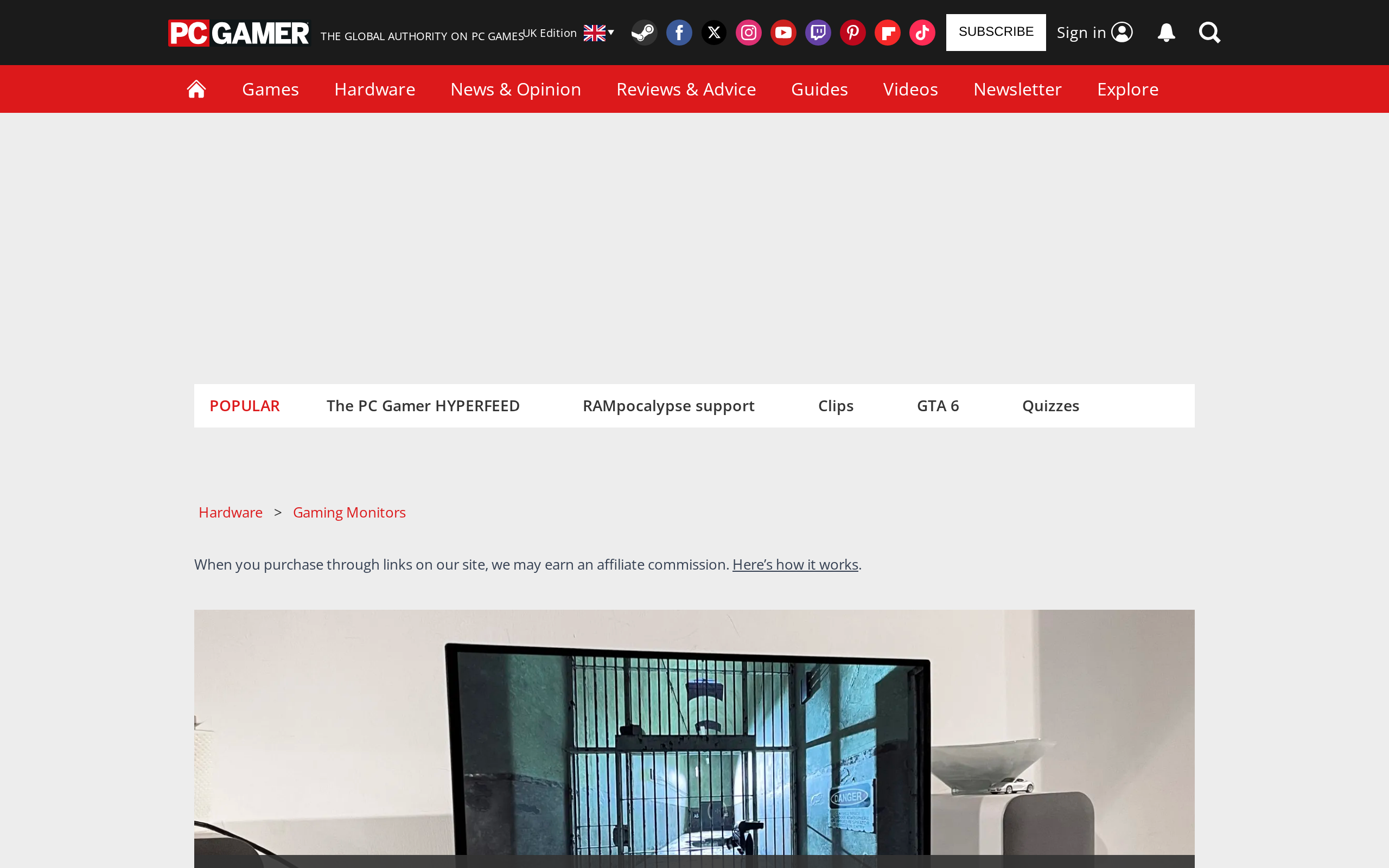 PC Gamer's MSI MPG 271QR X50 review page with a photo of the monitor